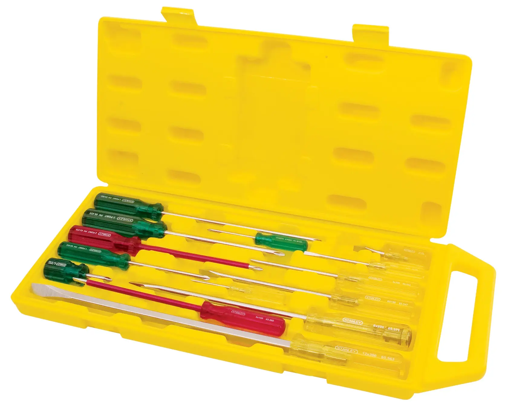 Stanley assorted screwdriver set in a yellow plastic case, handles in green, red, and yellow, displayed open.