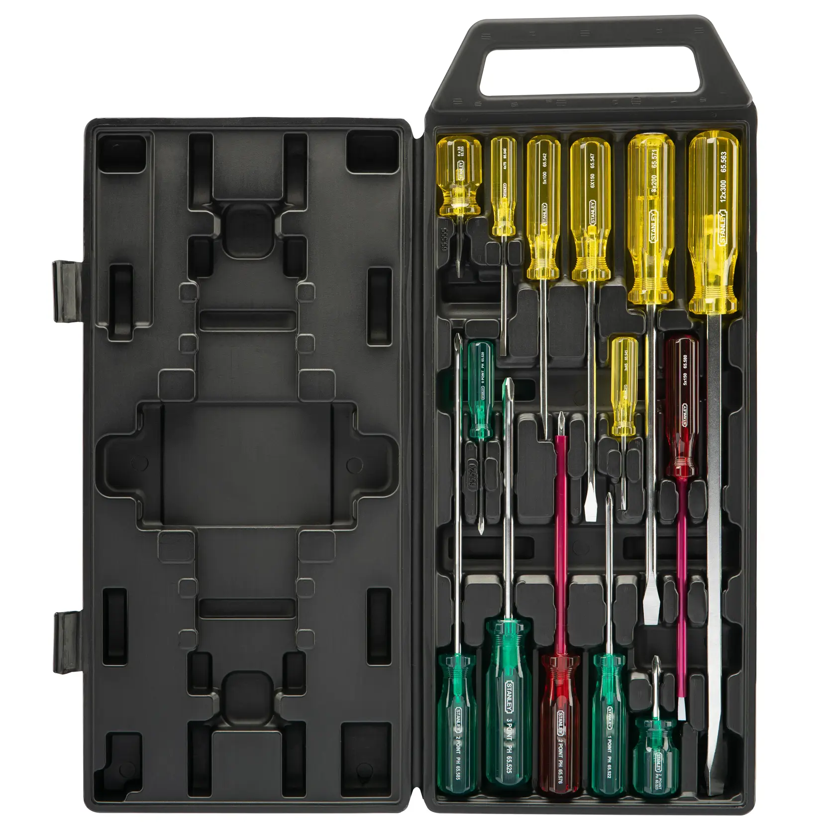 Plastic case with various colored screwdrivers arranged inside, handles in yellow, green, red, and pink.