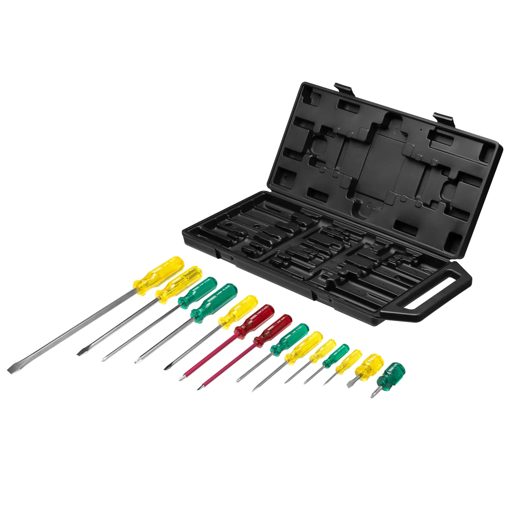 Set of assorted screwdrivers with colored handles and black carrying case displayed on white background.