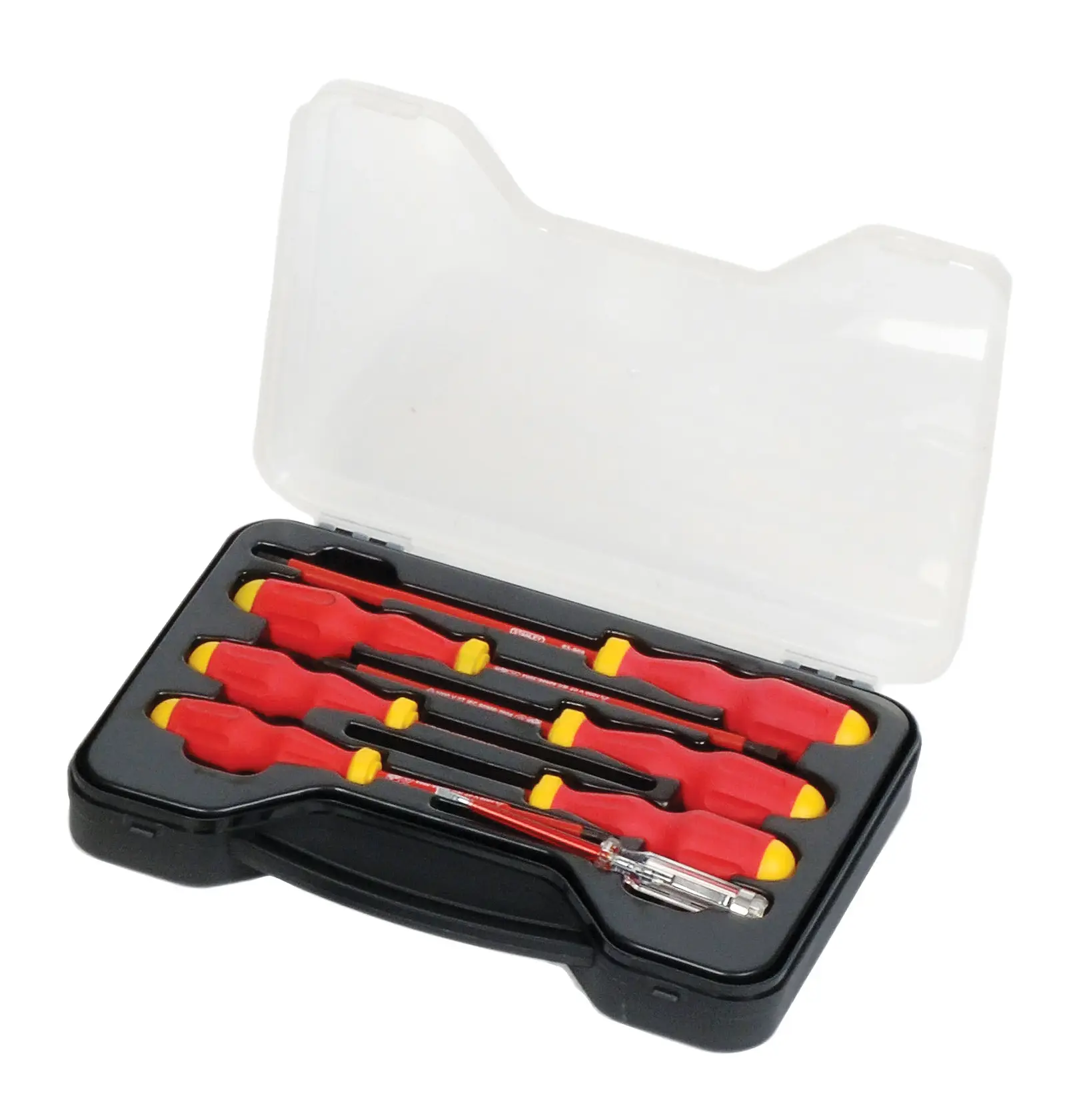 STANLEY 65-980 insulated screwdriver set in black case, photo from above with lid open.