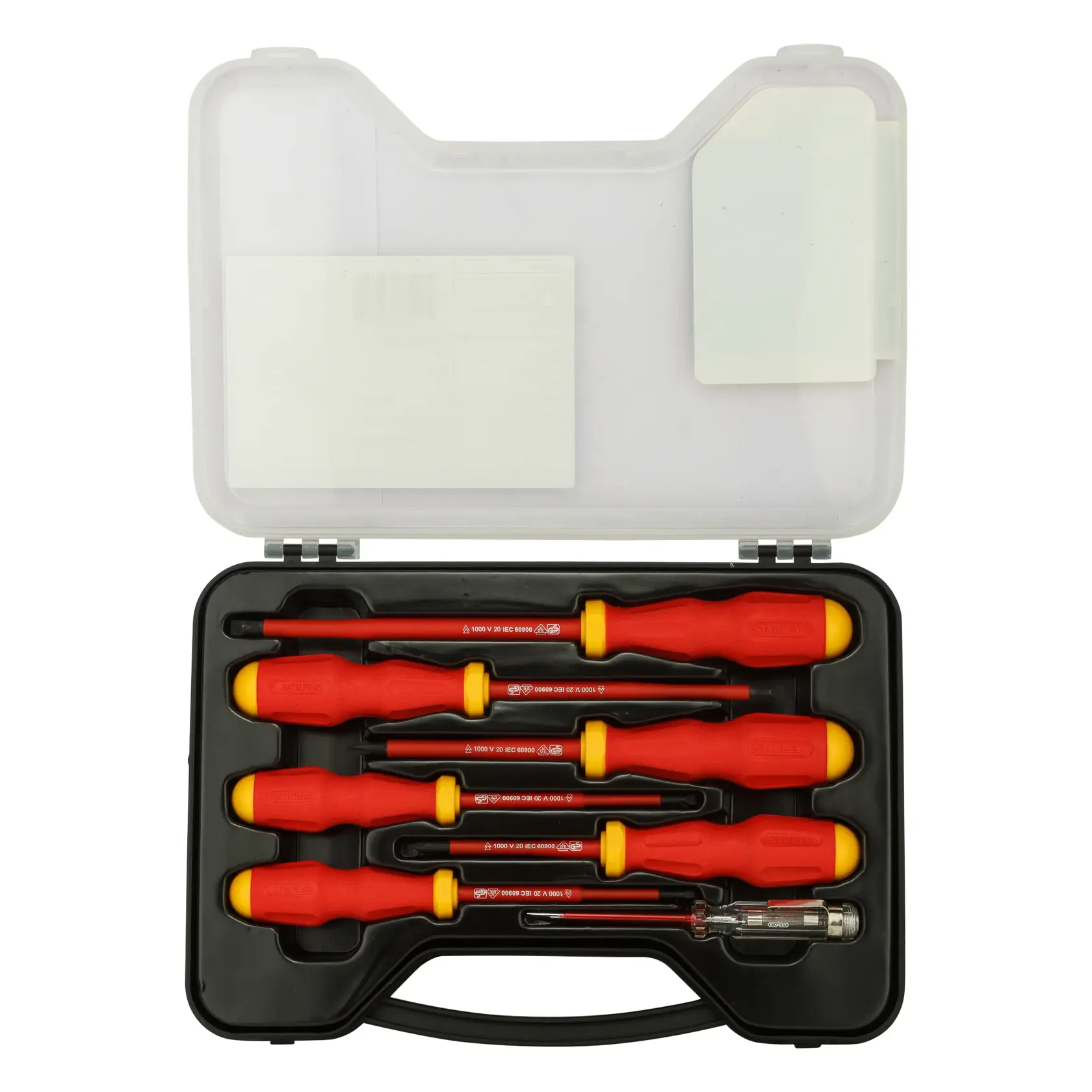 STANLEY 65-980 insulated screwdriver set with red and yellow handles in a black plastic case, top view.