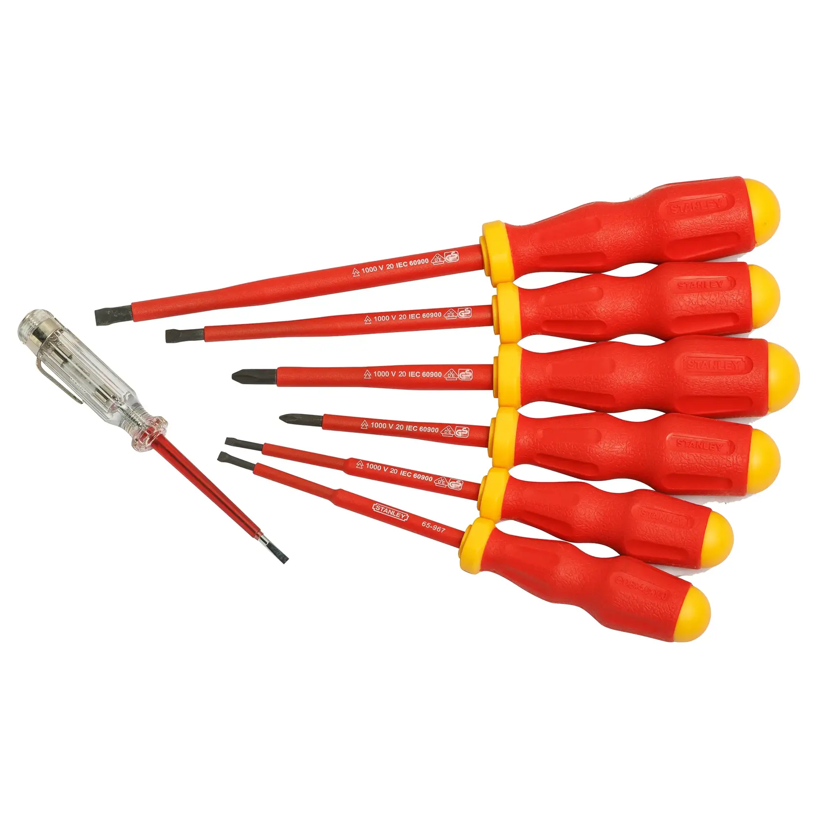 STANLEY 65-980 insulated screwdriver set with red and yellow handles, seven pieces, top view.
