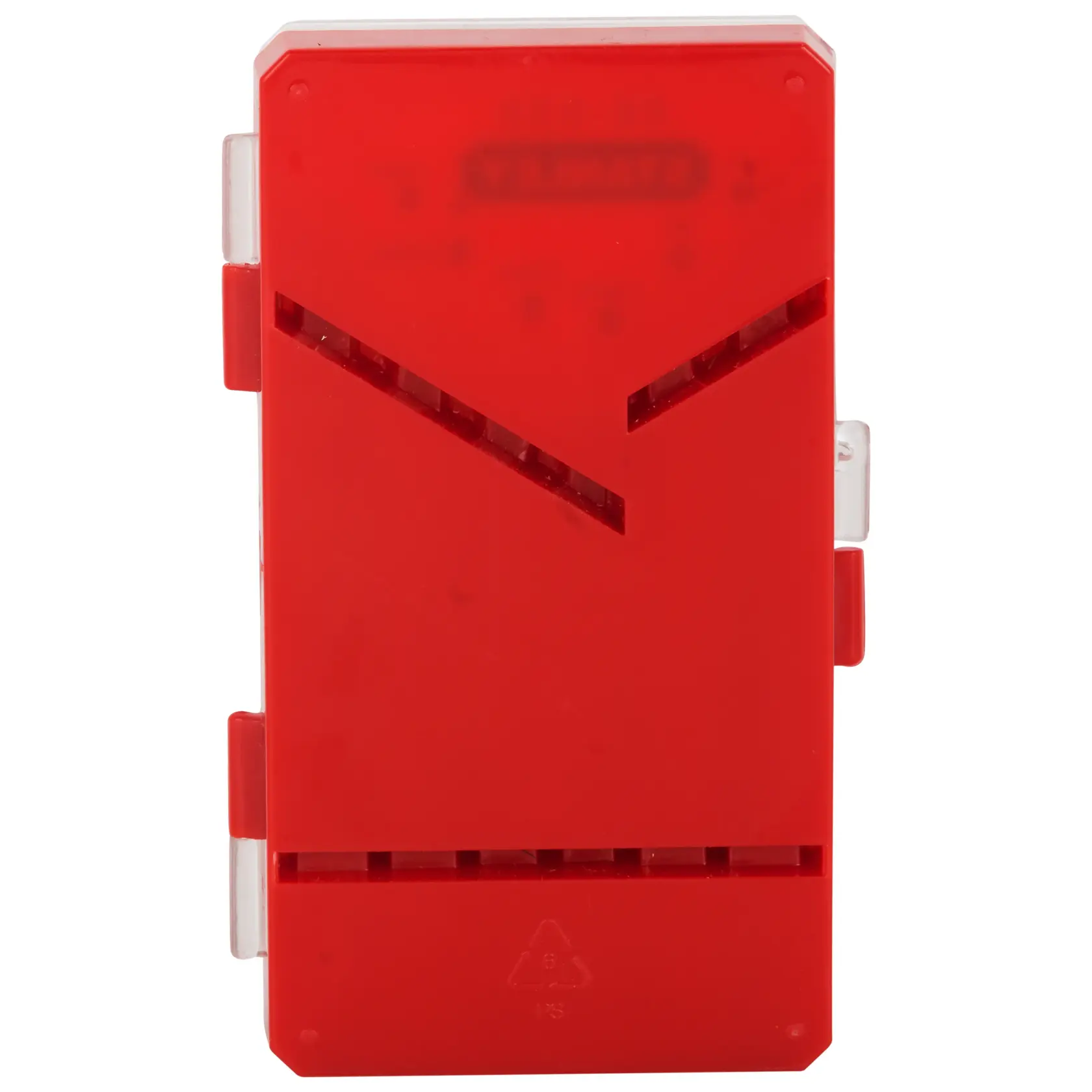 Stanley red plastic miter box, front angle, with angled and straight slots for precise saw cuts.