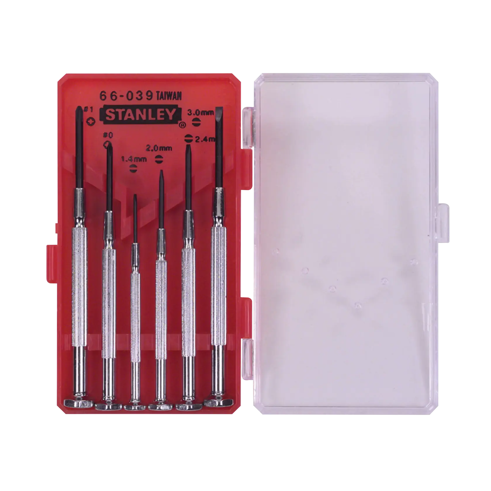 STANLEY precision screwdriver set with six metal screwdrivers in a red plastic case, top-down angle, white background.