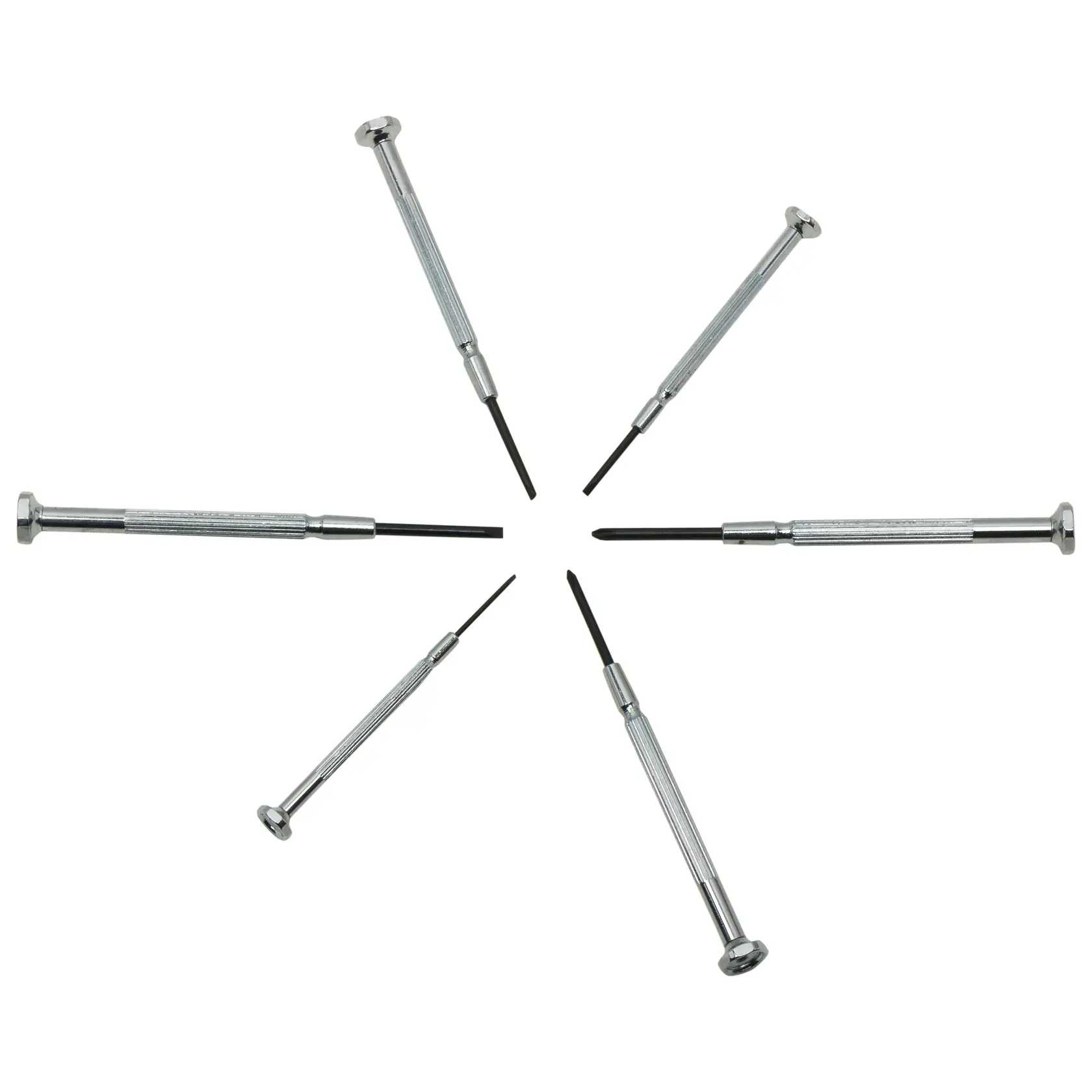 STANLEY 66-039 photography of six precision screwdrivers arranged in a circular pattern, top view.