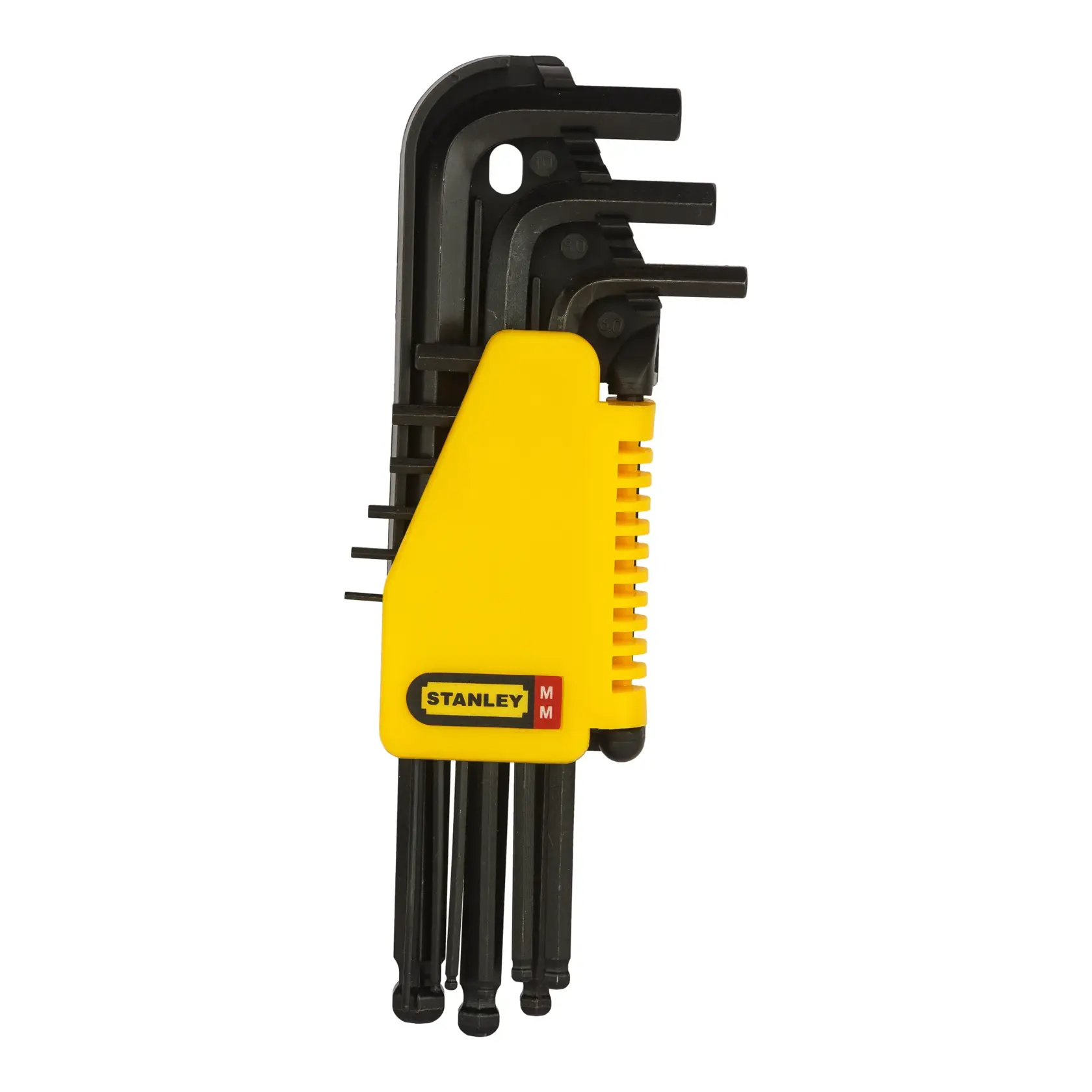 STANLEY 69-256-KR hex key set in yellow holder, black metal finish, photography front angle.