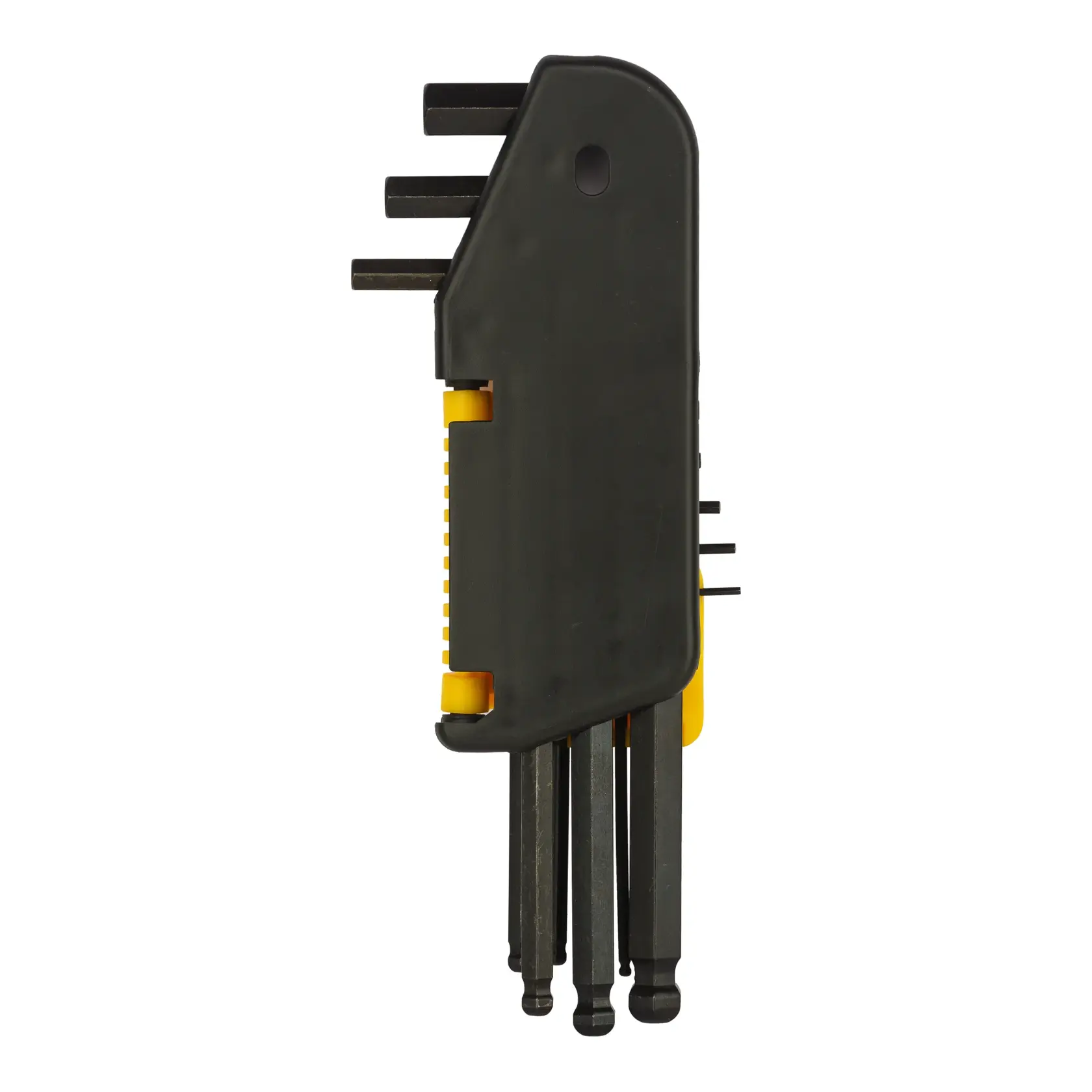STANLEY 69-256-KR hex key set in black and yellow plastic holder, front angle on white background.