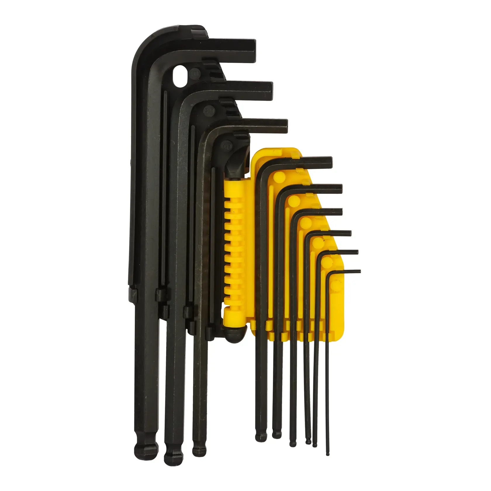STANLEY 69-256-KR hex key set with yellow holder, black L-shaped tools, front angle, photography product.