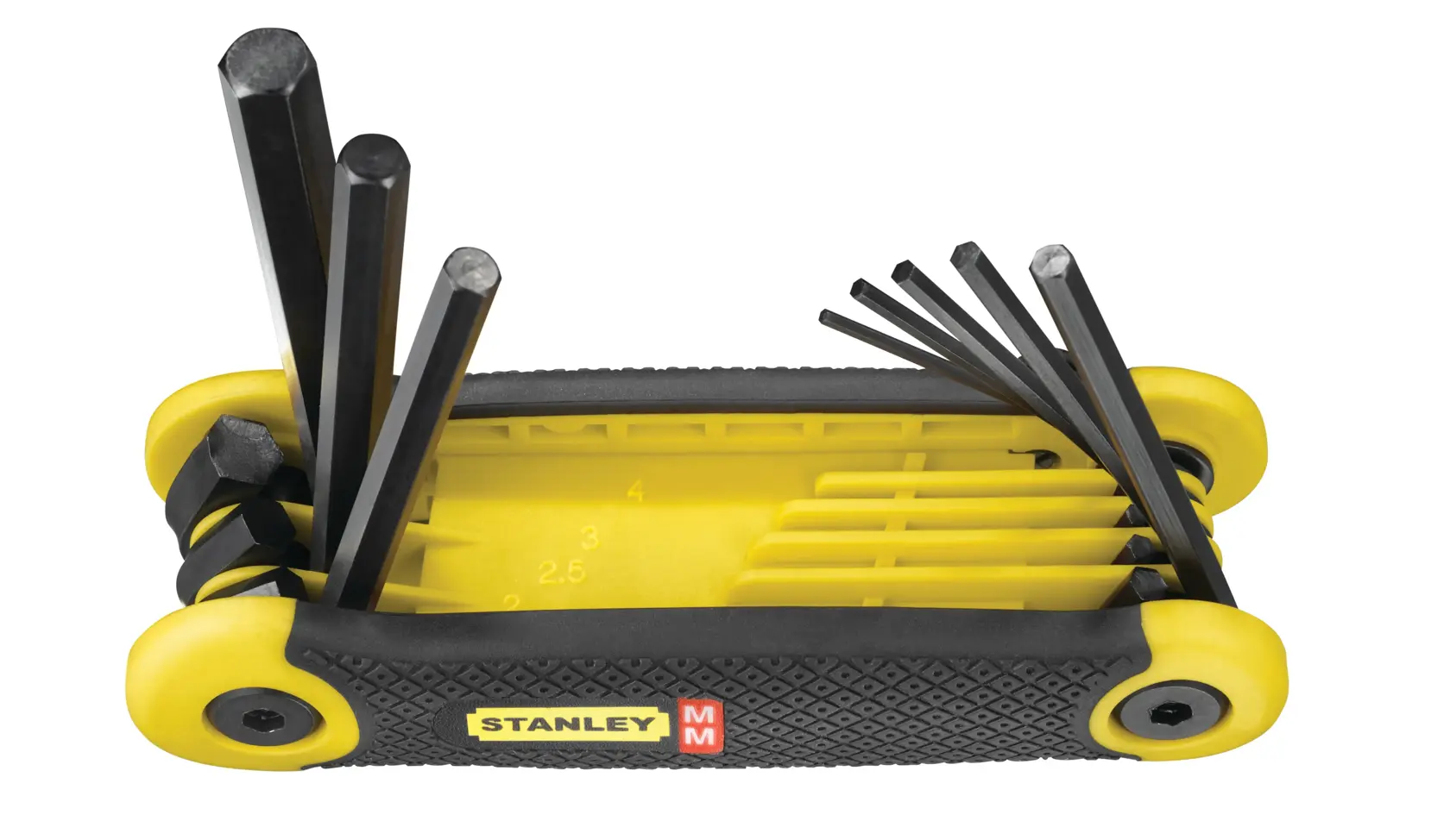 STANLEY 69-264 folding hex key set, yellow and black handle, multiple hex keys extended, product side view.