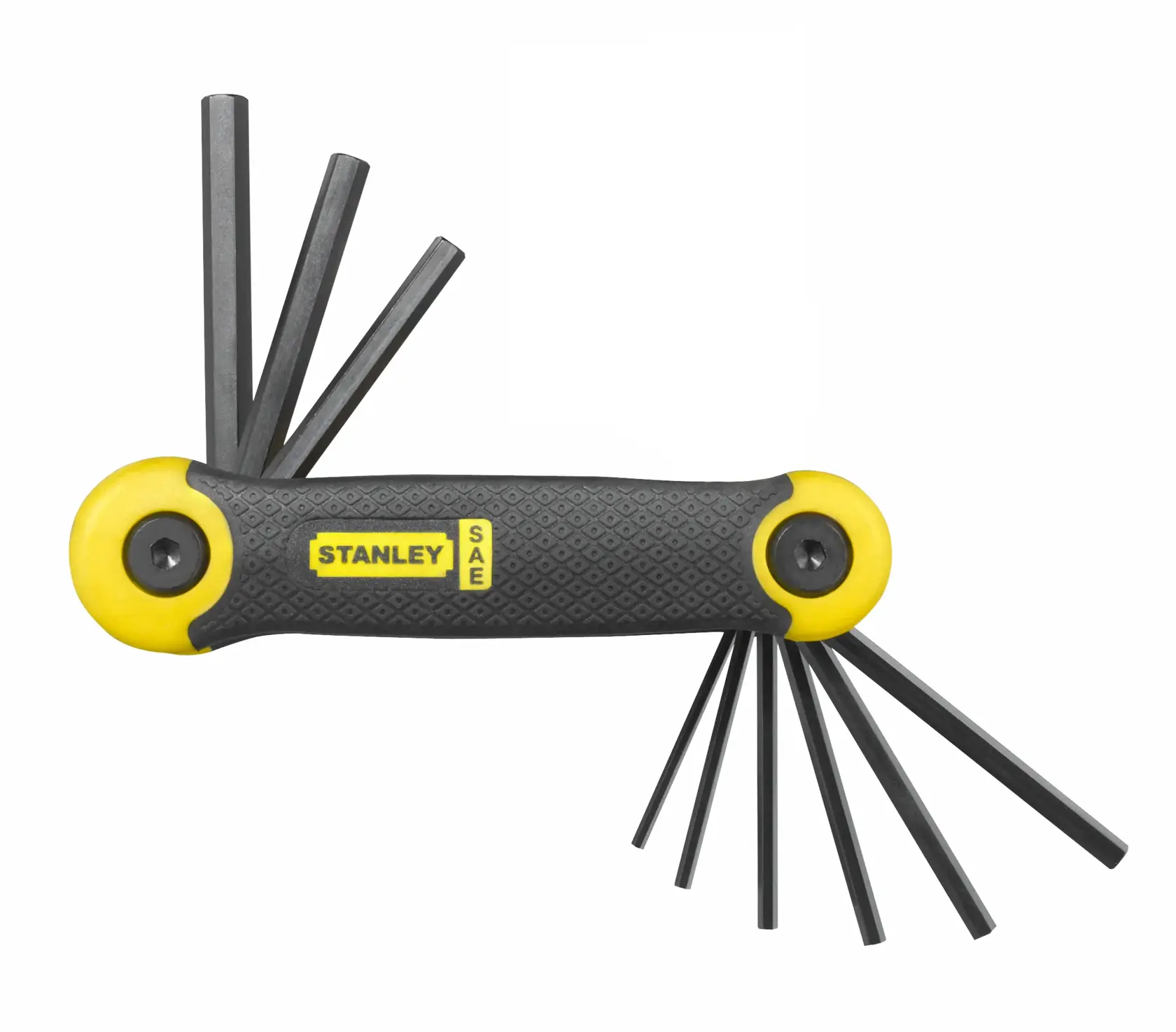 STANLEY 69-265 hex key set with black L-shaped keys in a yellow and black handle, front angle on white background.