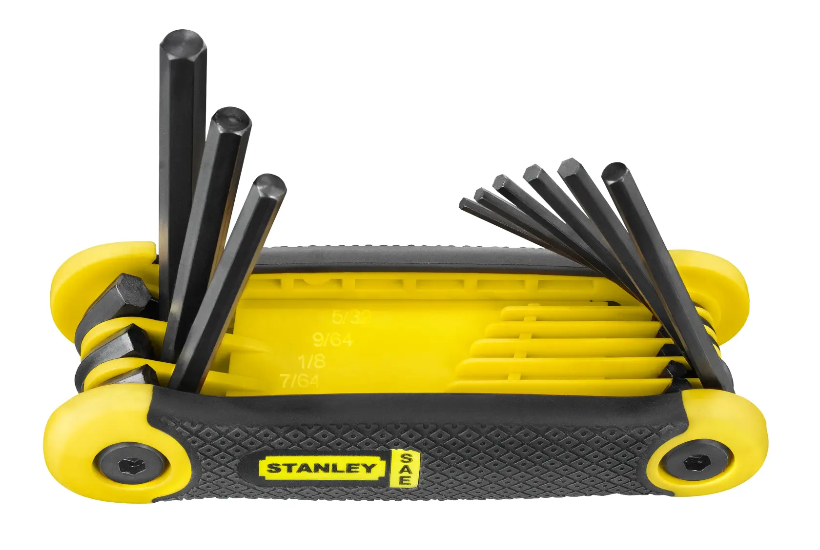 STANLEY 69-265 hex key set with yellow and black handle, SAE sizes visible, front angle on white background.