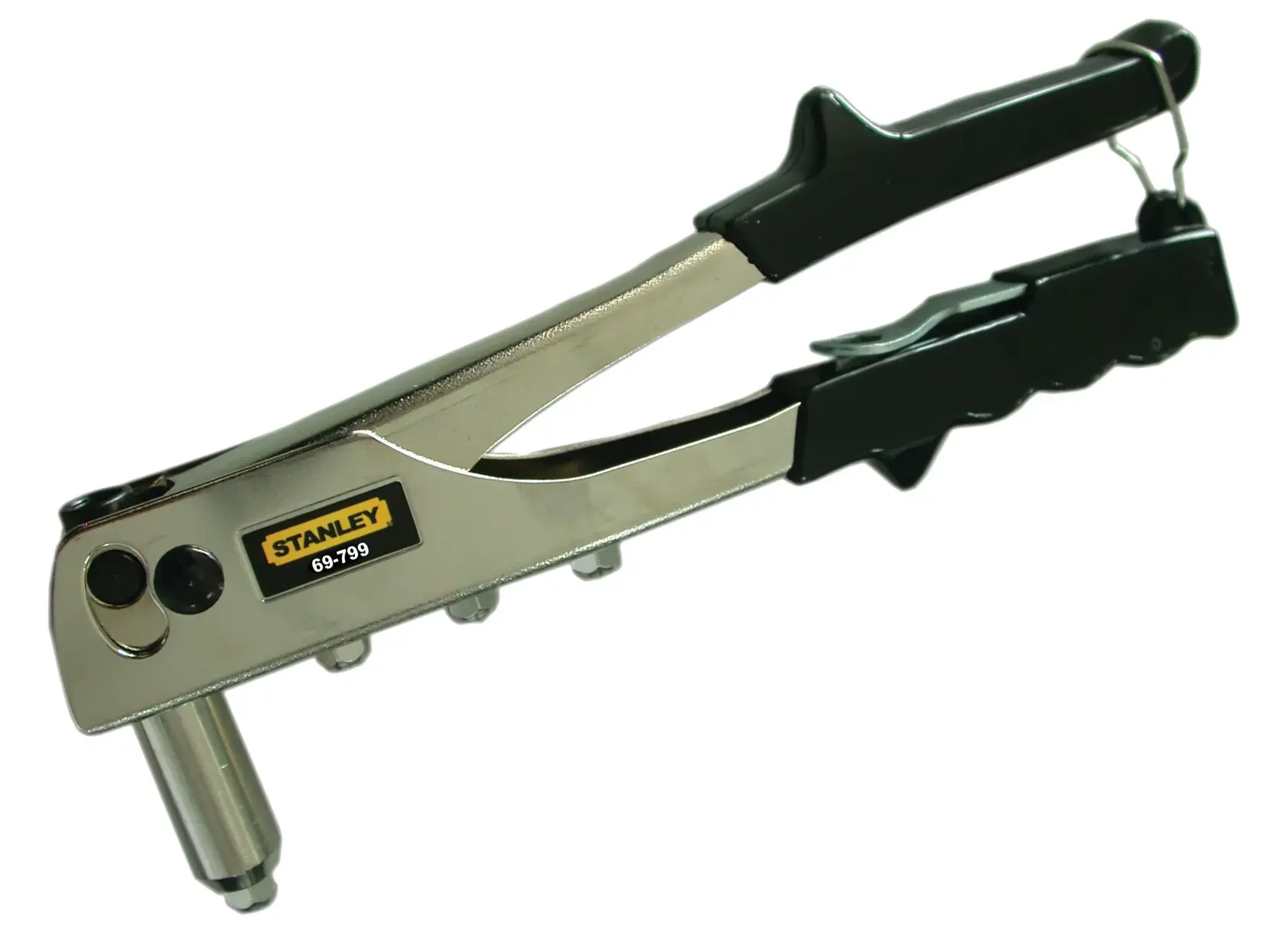 Stanley 69-799 metal hand riveter tool with black grips, shown against a plain white background.