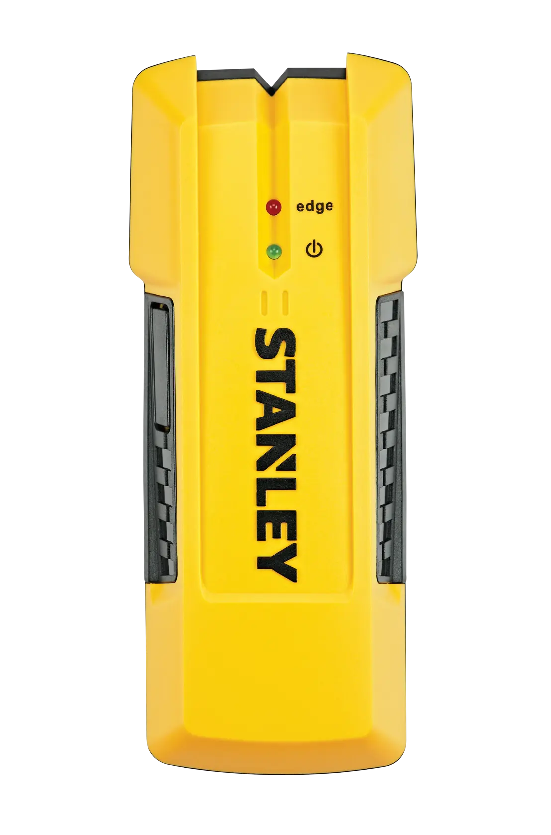 Stanley yellow stud finder front view, with LED indicator lights and black grip accents on sides.