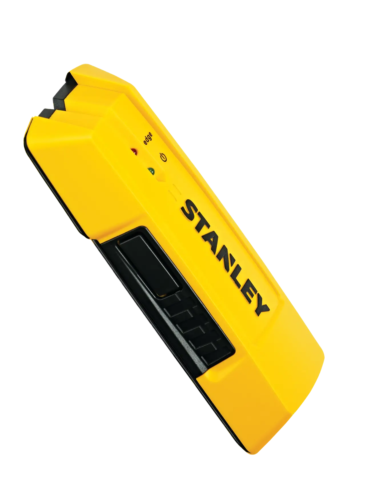 Photo of STANLEY 77-050 yellow and black stud finder, angled view on white background.