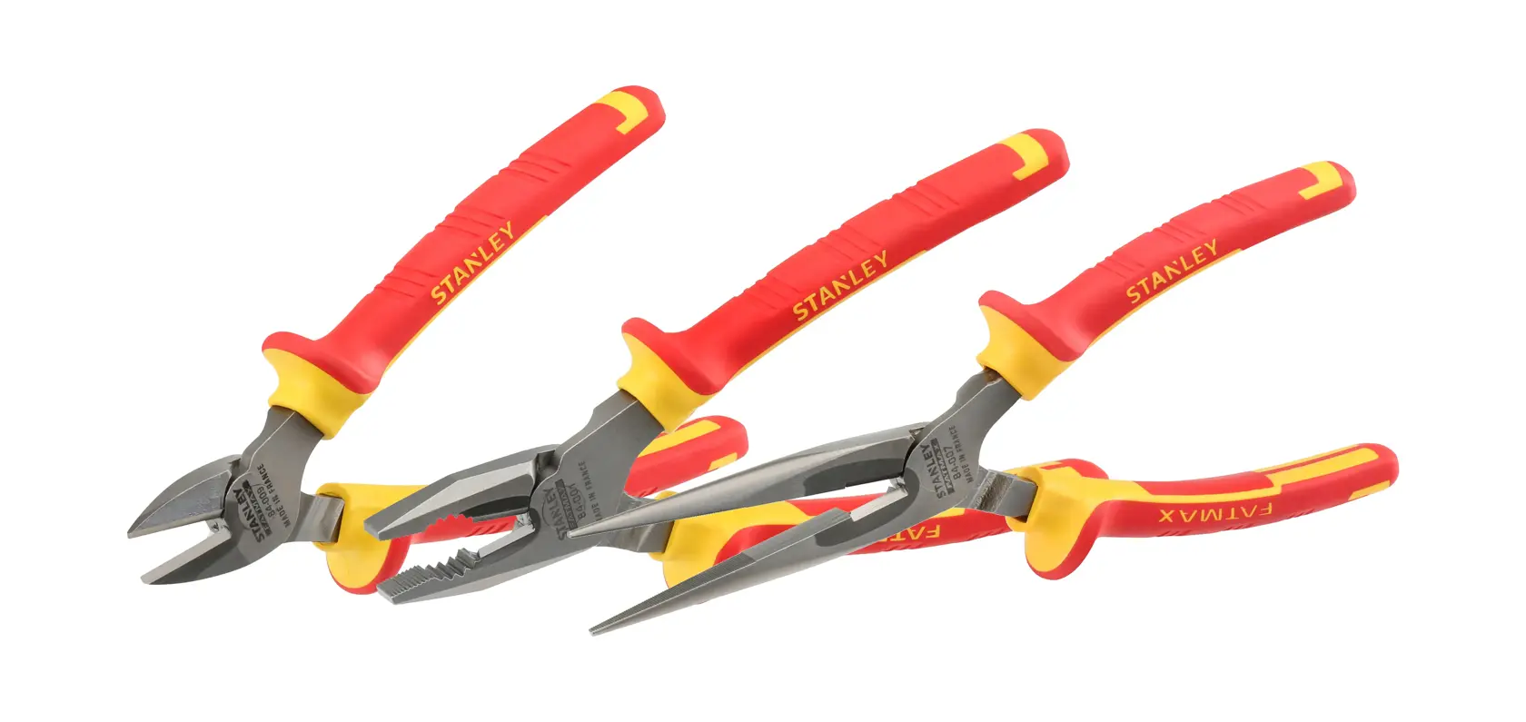 STANLEY 84-011-S pliers set, three types with red and yellow handles, product photography on white background.