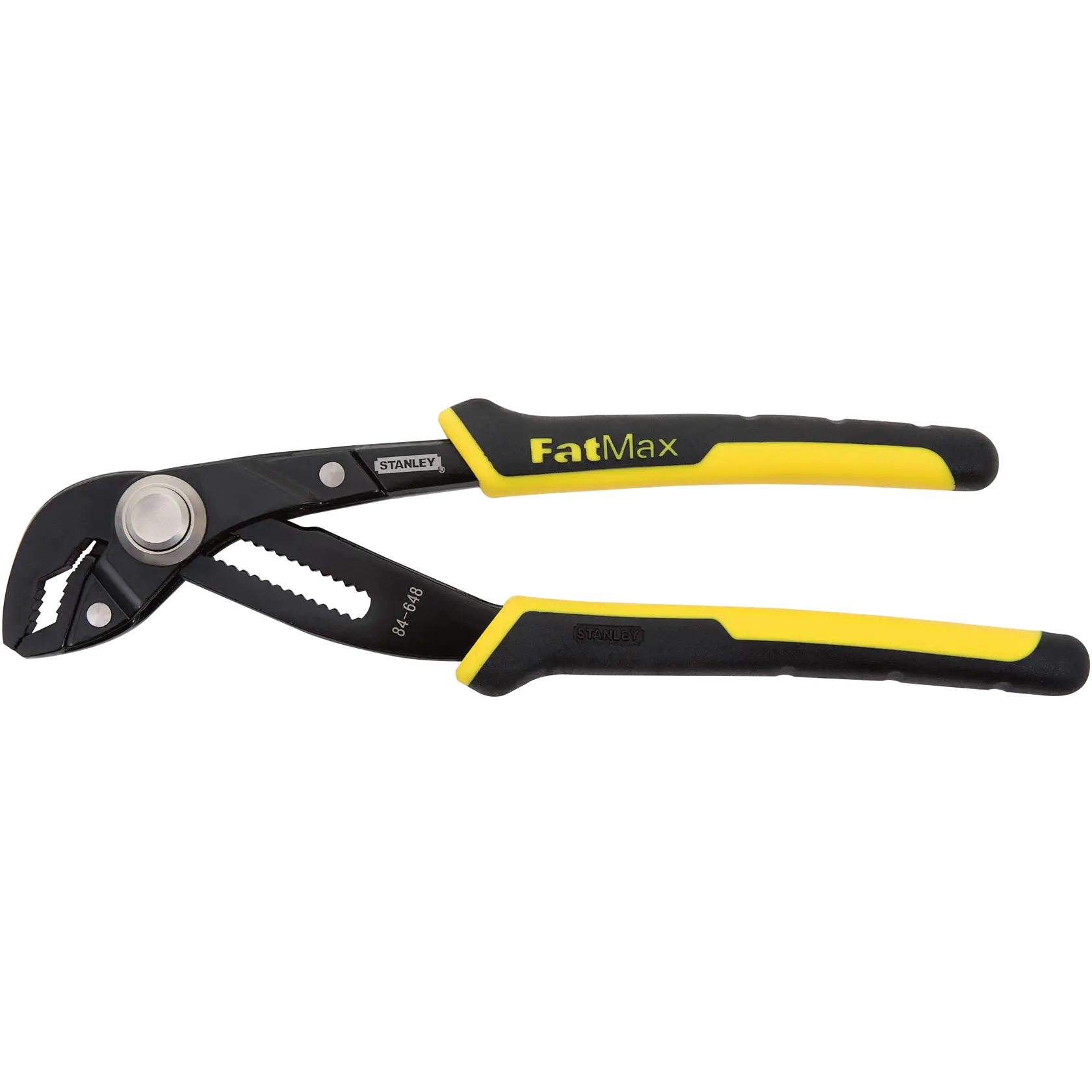 Stanley FatMax adjustable water pump pliers with black and yellow handles. The jaws are serrated for gripping, and the tool has a sliding adjustment mechanism.