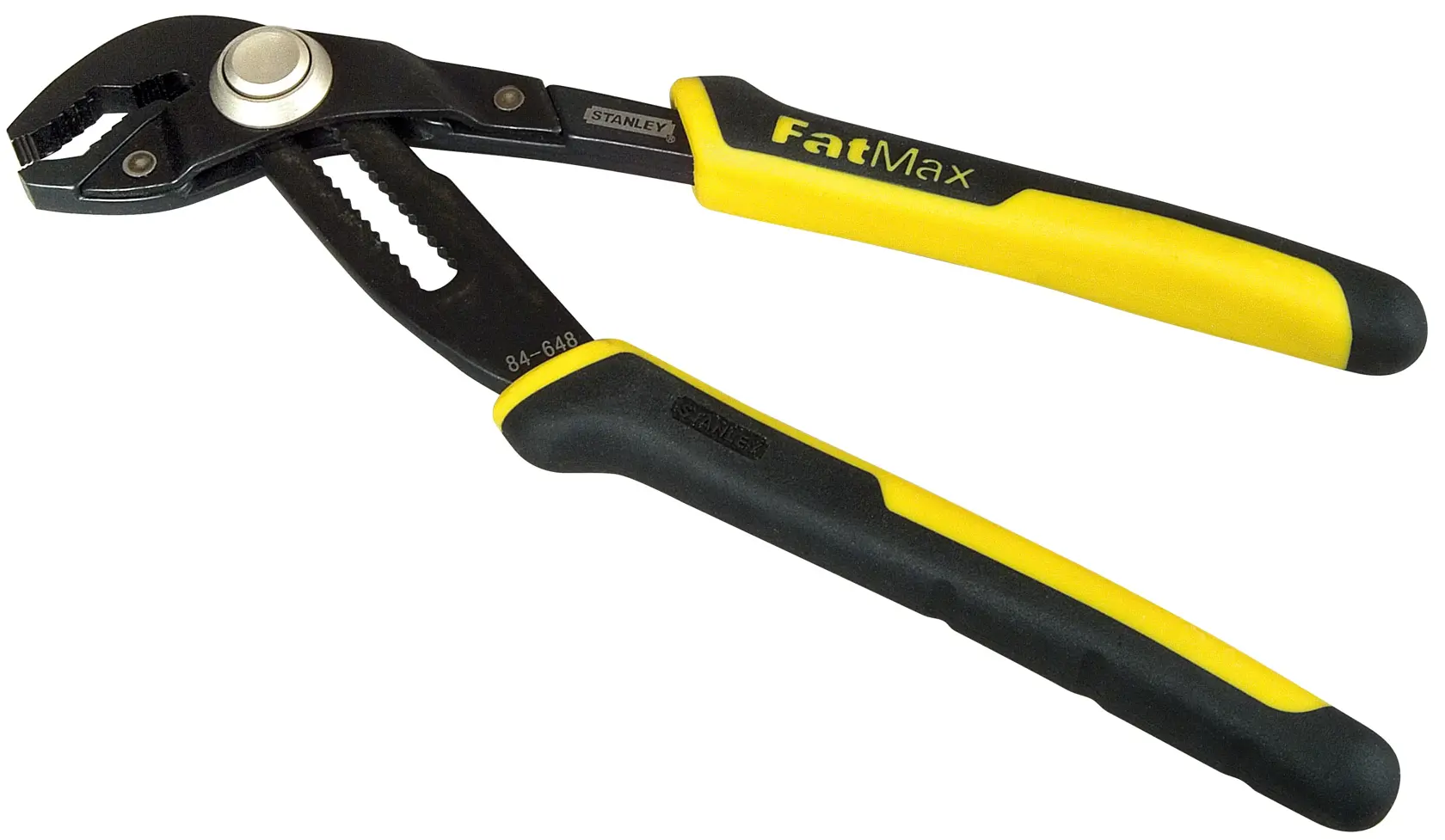 Adjustable groove joint pliers with black and yellow handles, branded with FatMax and Stanley.