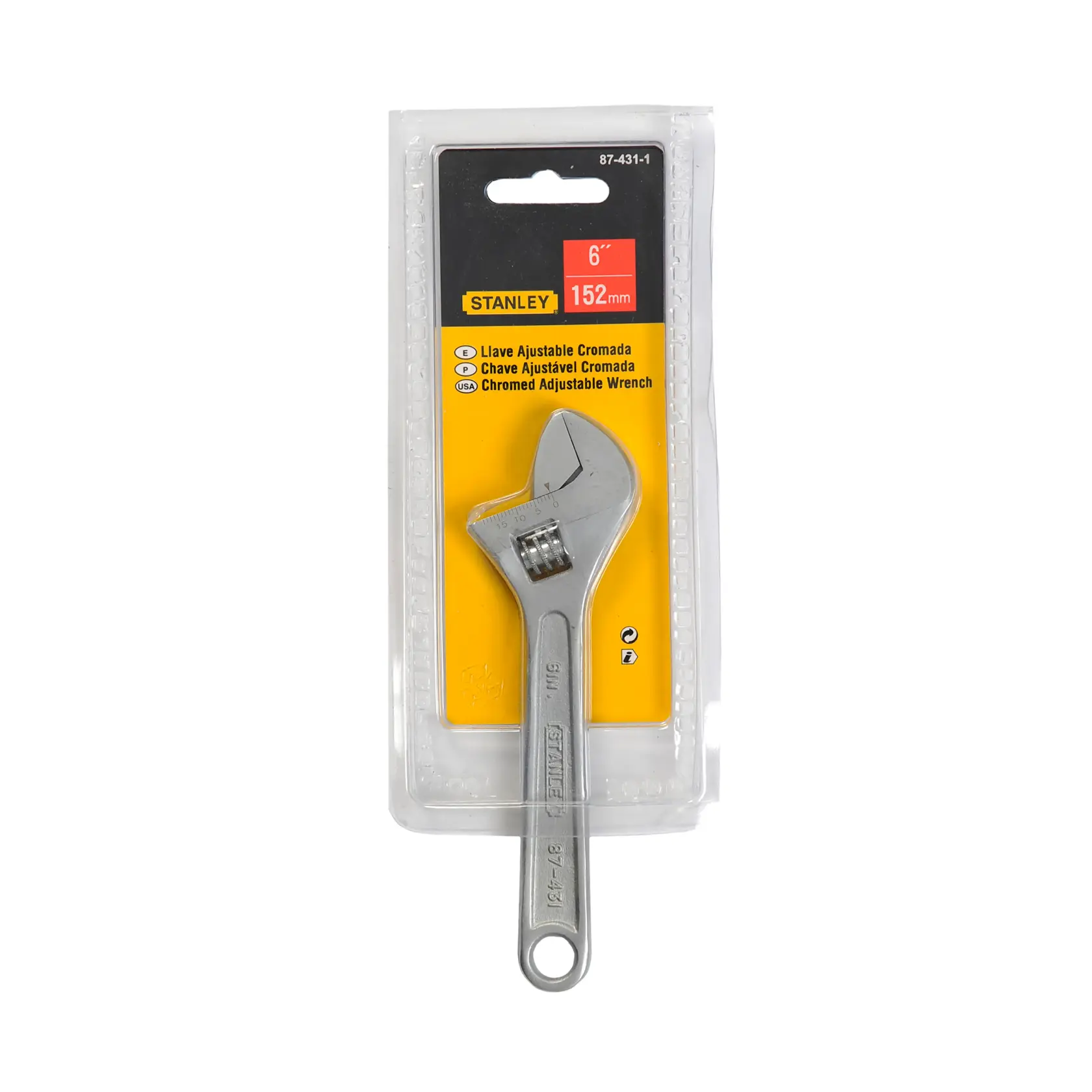 STANLEY 87-431LA chromed adjustable wrench, 6 inch, in retail packaging, photographed from the front on white background.