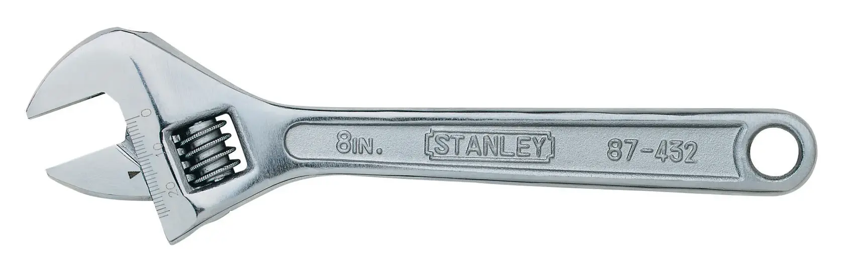 STANLEY 87-432 adjustable wrench, silver, 8 inch, product photography, left side angle on white background.