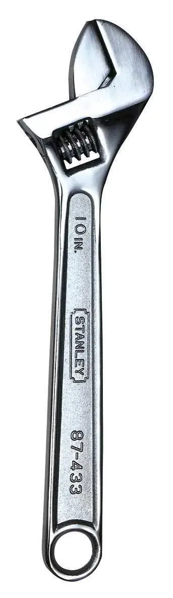 STANLEY 87-433 adjustable wrench, silver, front view, steel handle with circular hole, white background.