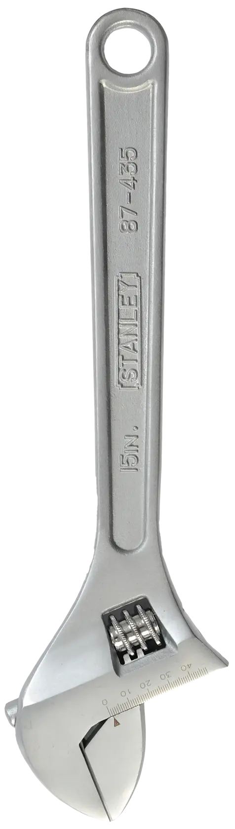 STANLEY 87-435 adjustable wrench, silver steel finish, front angle, tool photography.