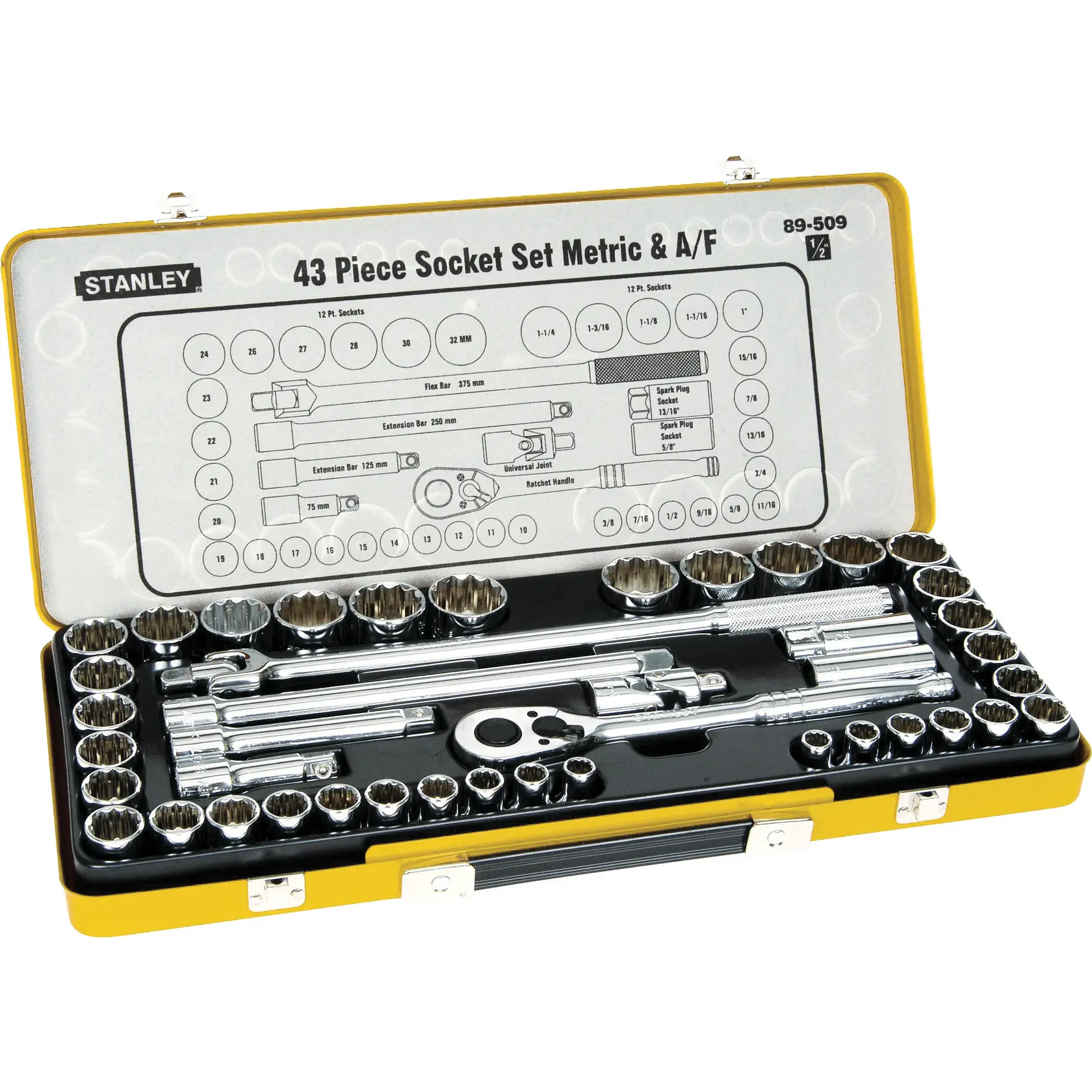 STANLEY 89-509 socket set, 43 pieces, in yellow hard case, top view photo showing all tools organized inside.