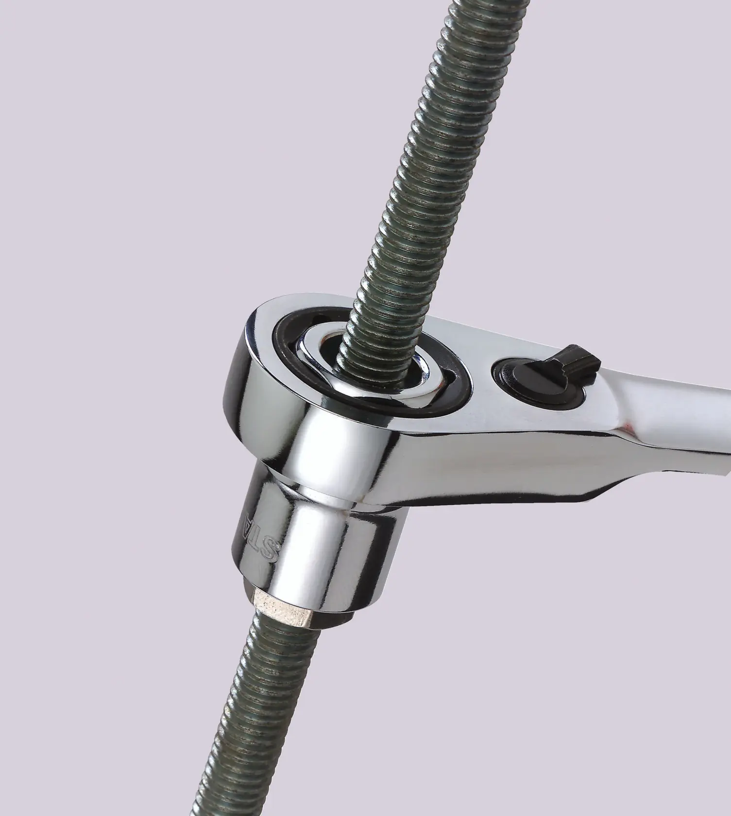 STANLEY 89-811 chrome ratchet wrench on threaded rod, close-up photo, tool category.