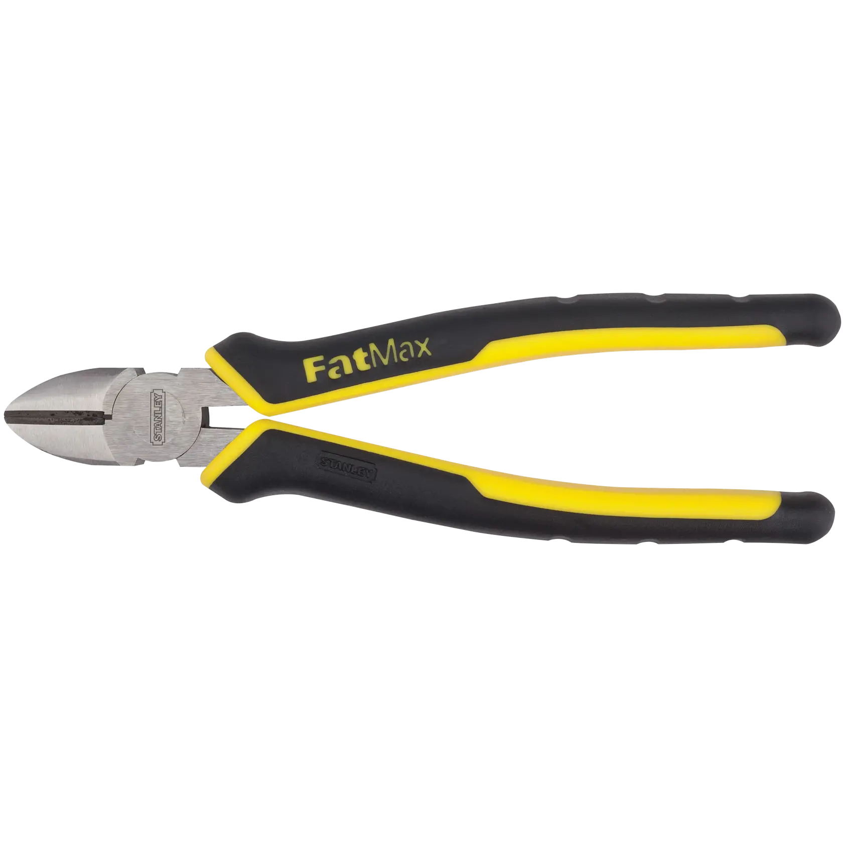 Stanley FatMax diagonal cutting pliers, black and yellow handles, side view on white background