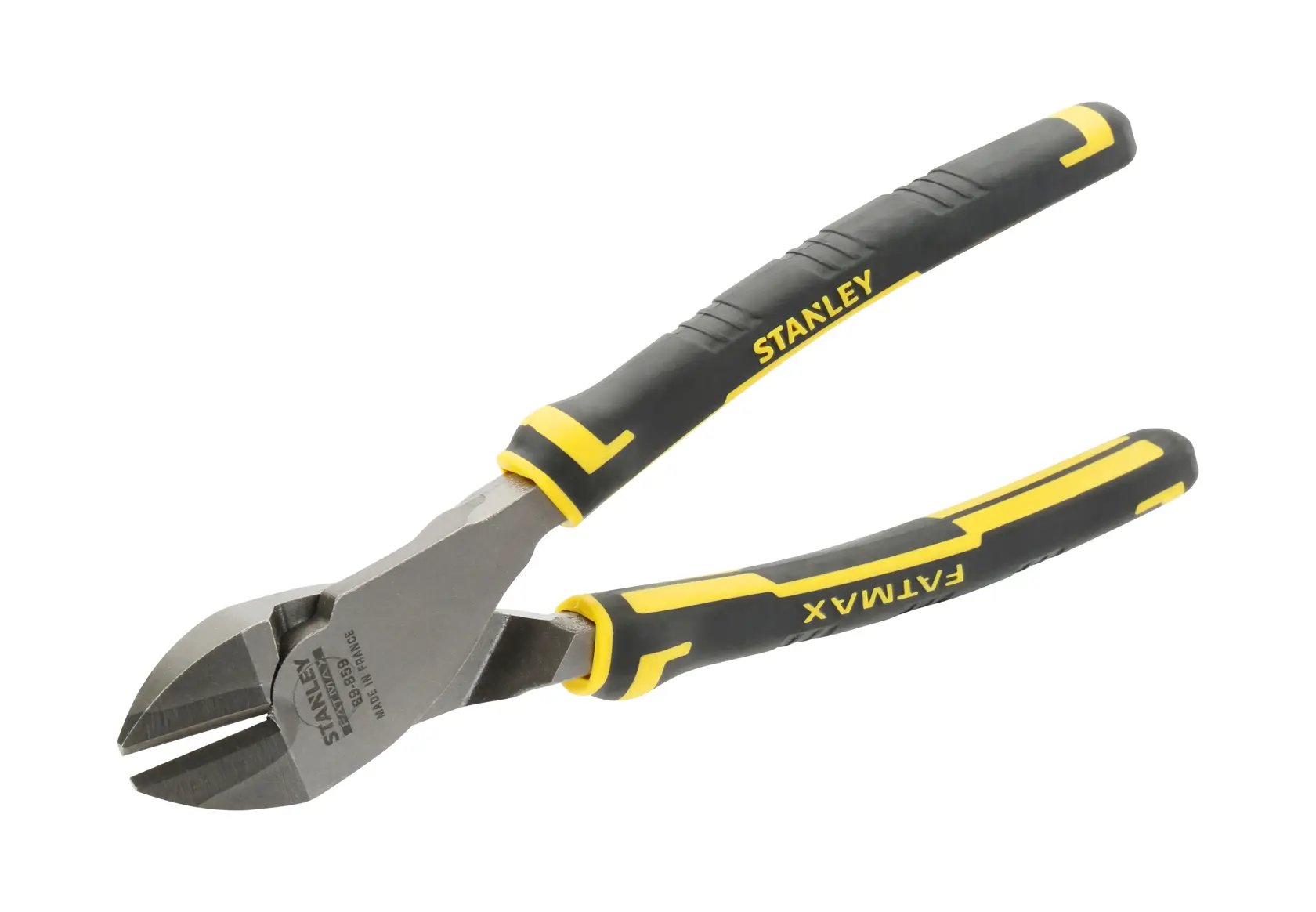 STANLEY 89-859 diagonal cutting pliers with black and yellow FATMAX handles, side view photo.