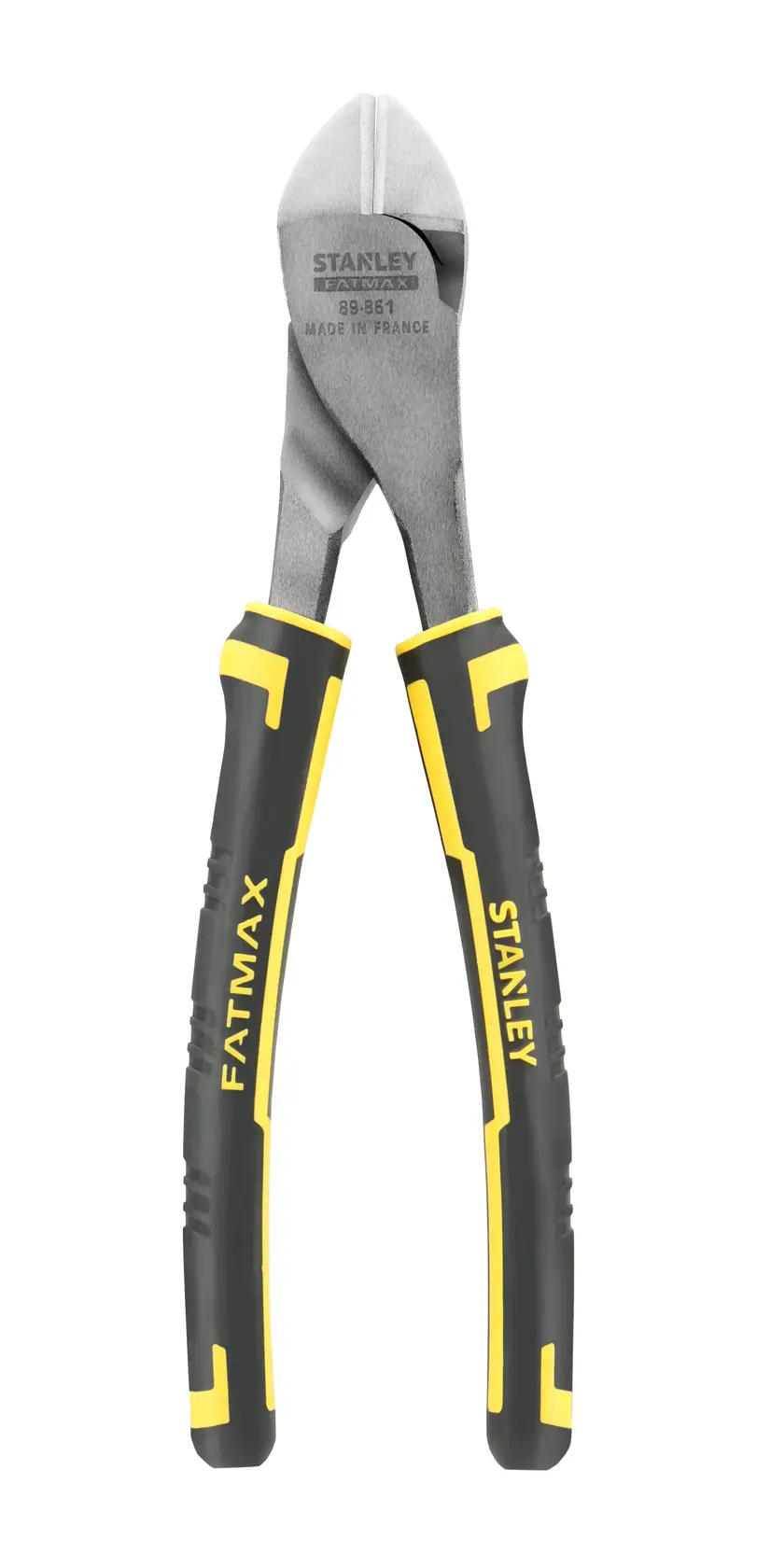 STANLEY 89-861 diagonal cutting pliers with black and yellow FATMAX handles, front angle, white background.