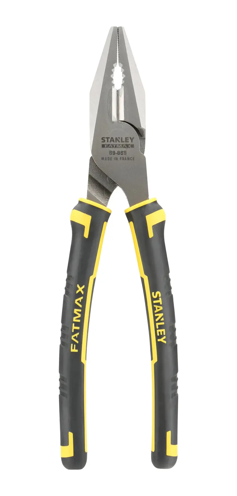 STANLEY 89-868 FATMAX combination pliers, black and yellow handles, front view, white background.