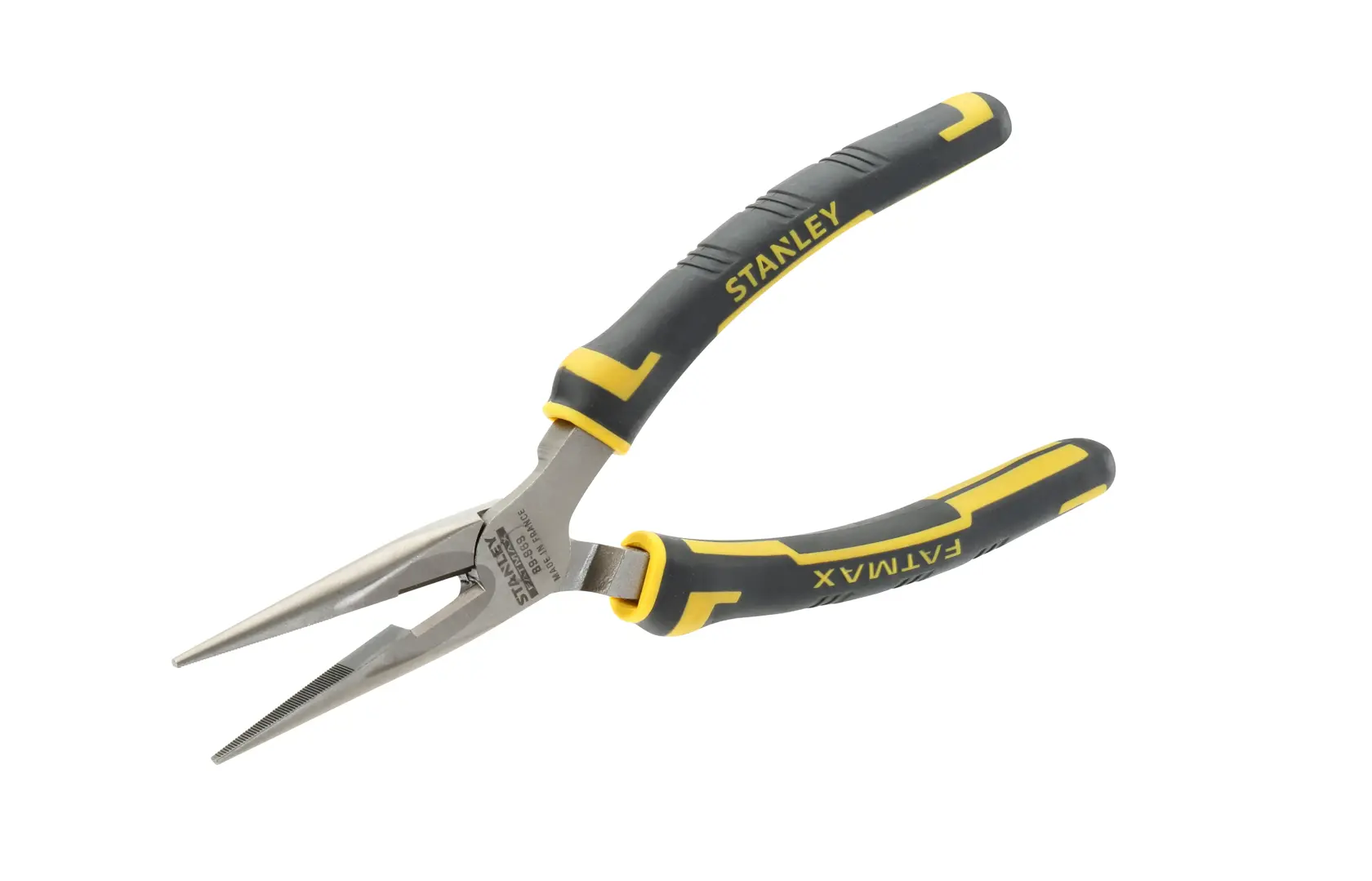 Photo of STANLEY 89-869 long nose pliers with yellow and black handles, angled on white background.