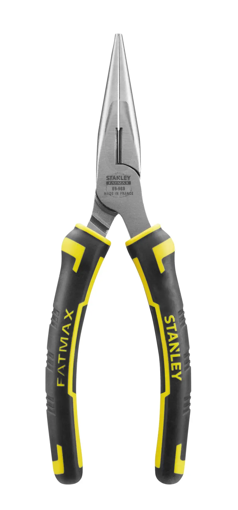 STANLEY 89-869 long nose pliers with black and yellow ergonomic handles, front view on white background.