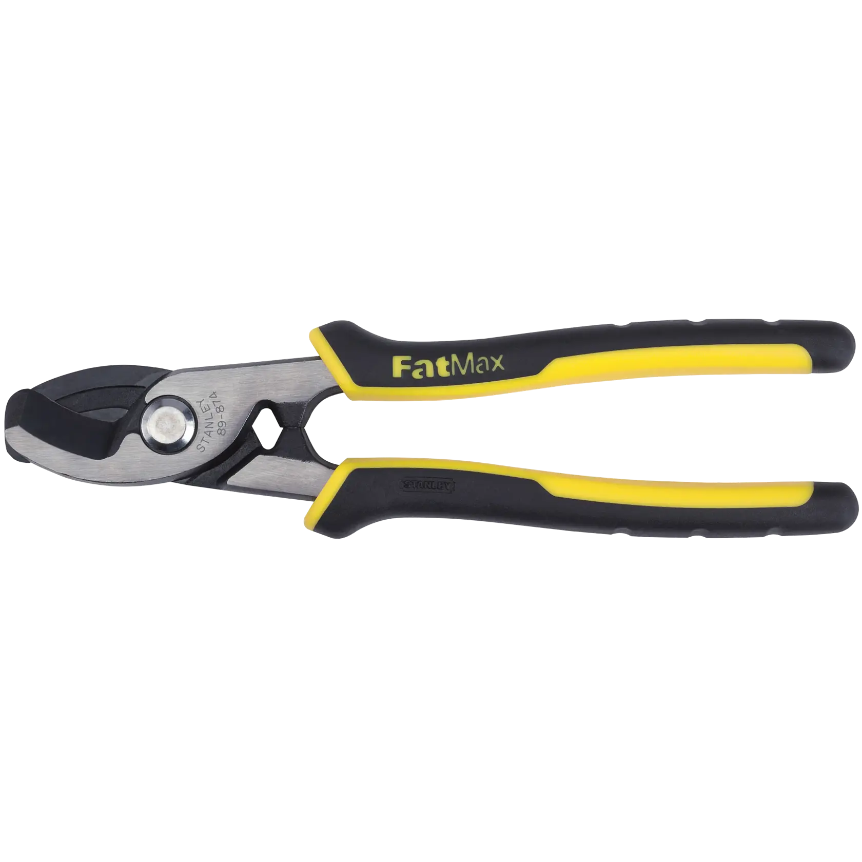 Stanley FatMax cable cutter with black and yellow handles, side view on white background