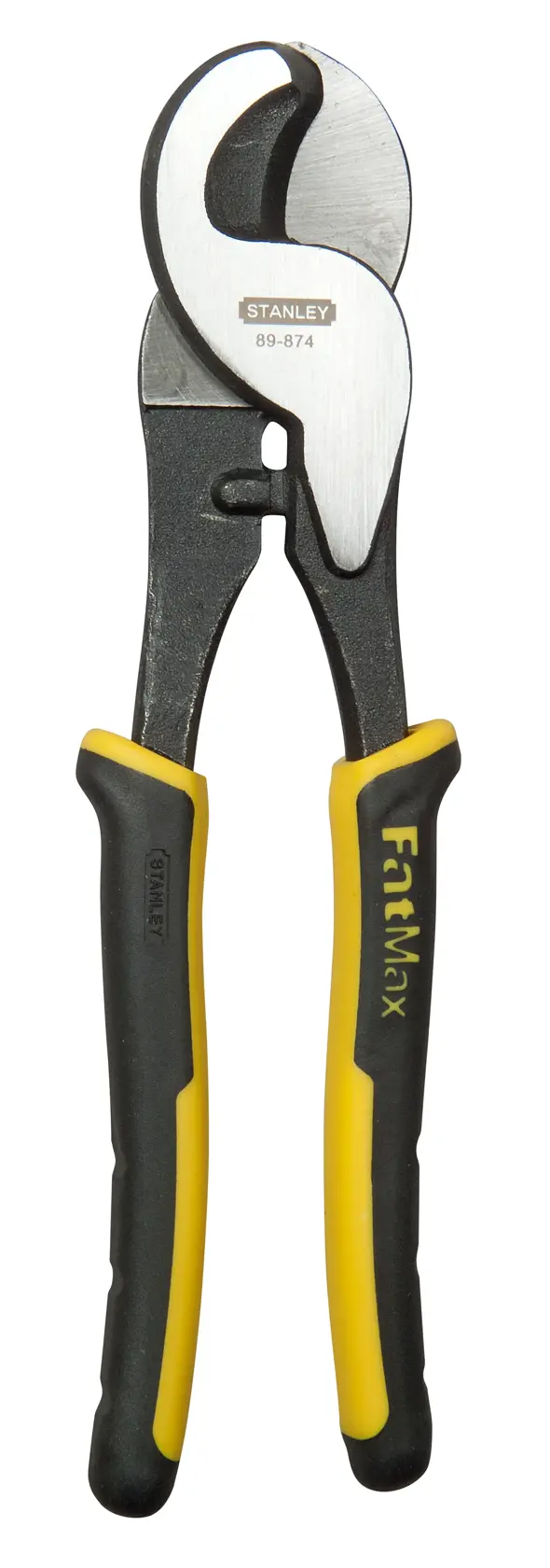 Stanley FatMax cable cutter with black and yellow handles, model 89-874, shown upright on white background.