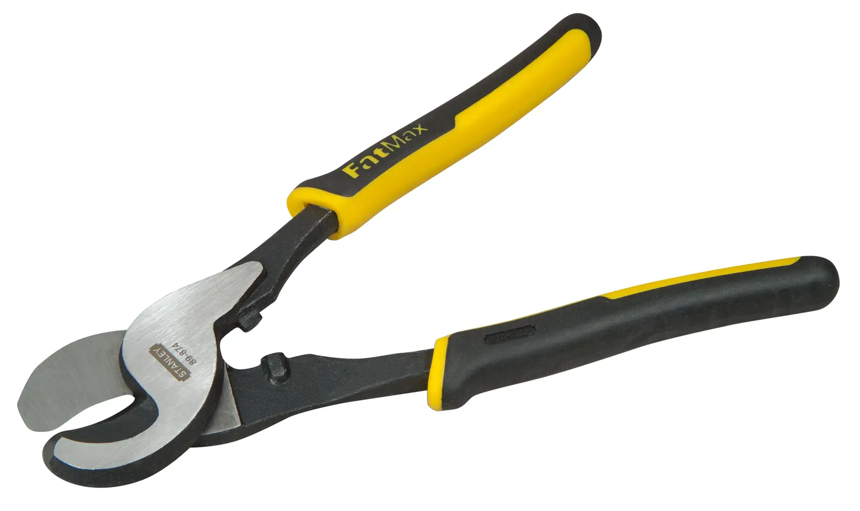 STANLEY 89-874 hand cable cutter with black and yellow handles, side view, on white background.