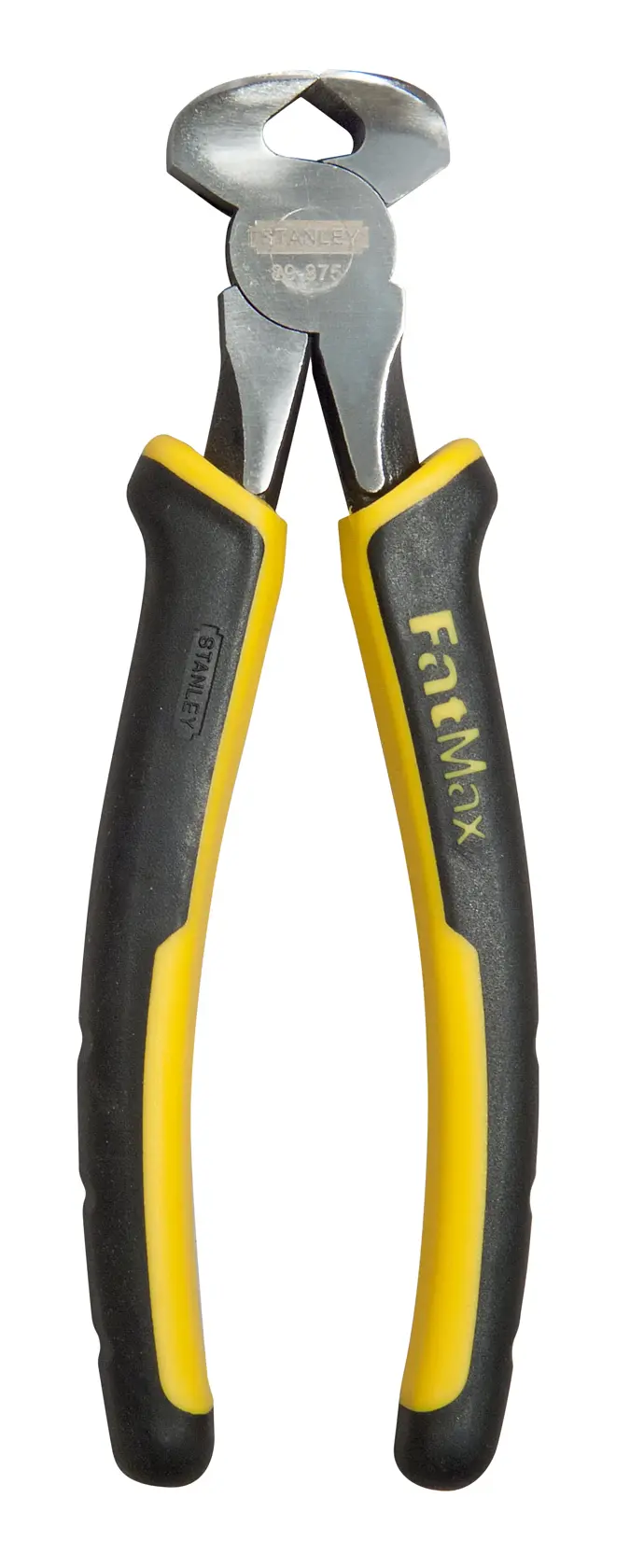 Stanley FatMax end cutting pliers with black and yellow handles, suitable for cutting wires or fasteners.