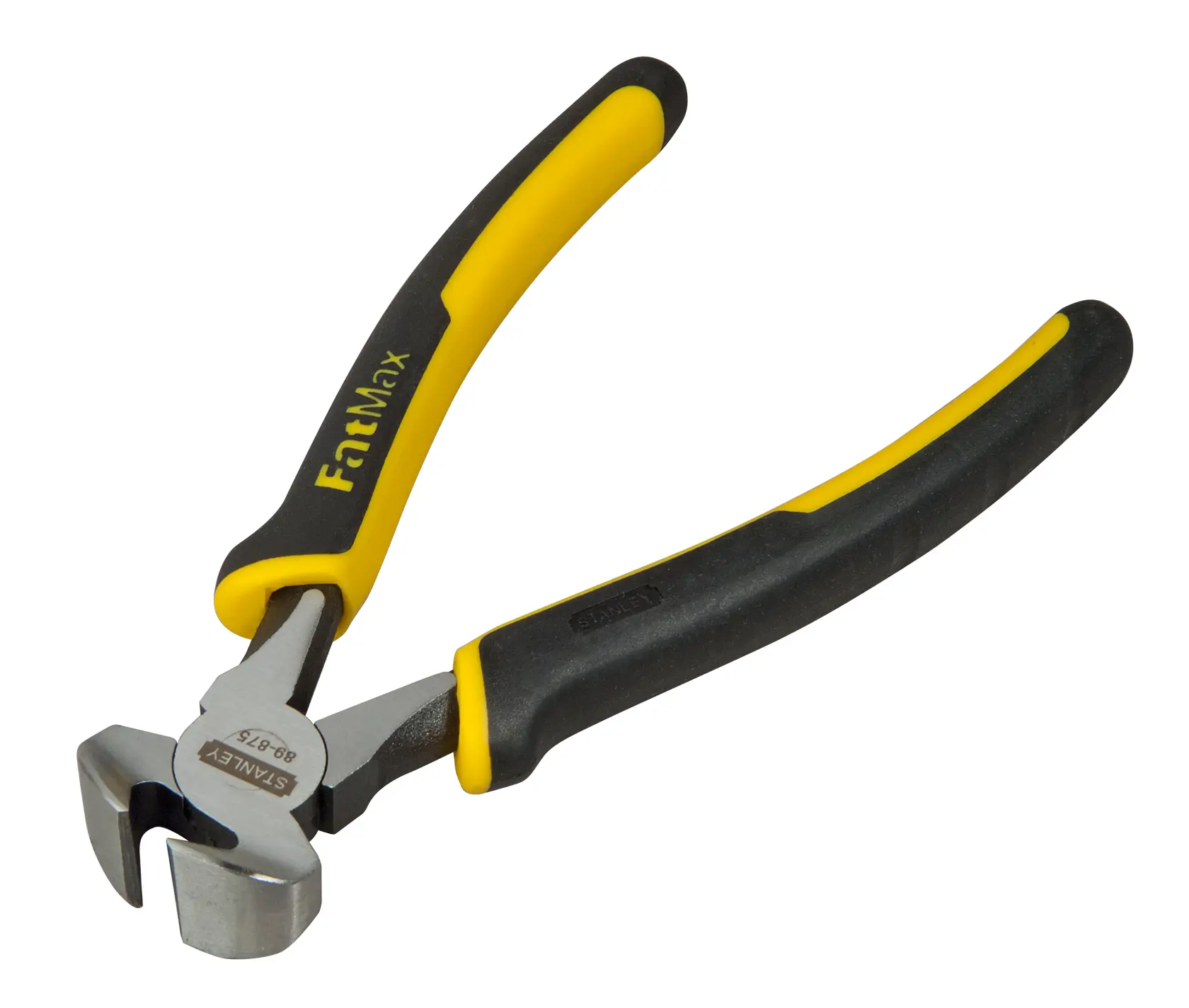 Stanley FatMax end cutting pliers with yellow and black handles, designed for heavy-duty cutting tasks.
