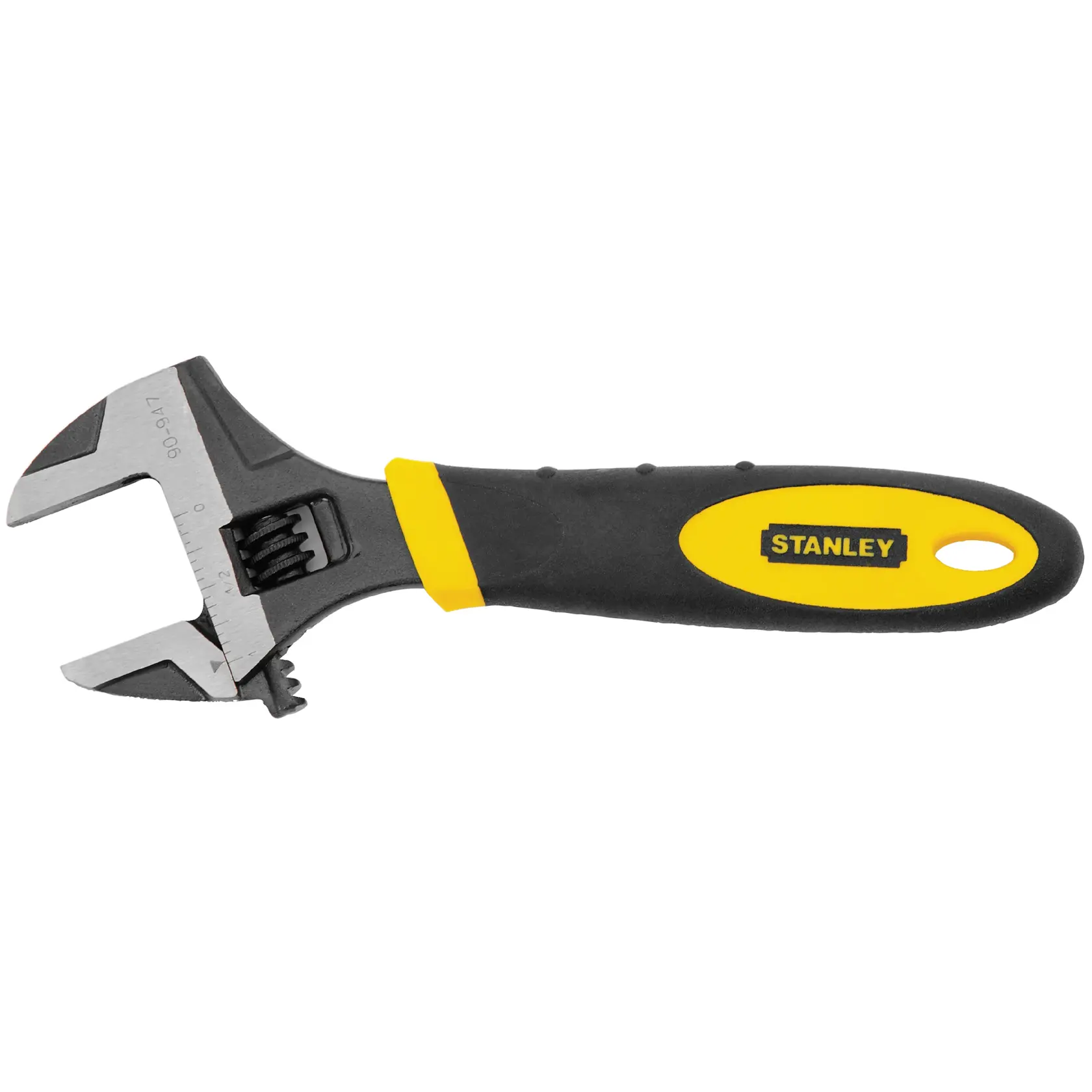 STANLEY 90-947 adjustable wrench with black and yellow handle, side view, on white background.