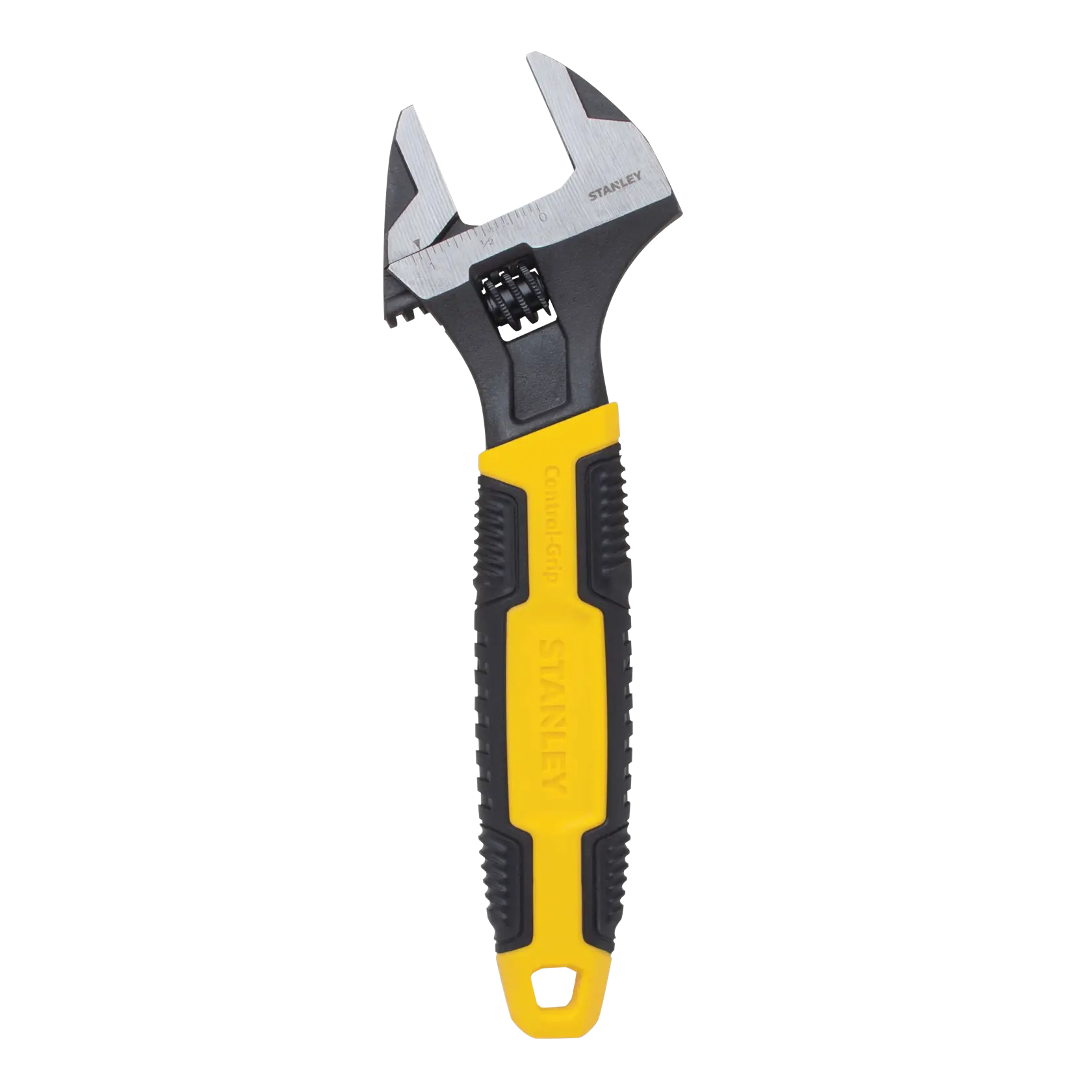 Stanley adjustable wrench, front view, yellow and black handle, metal jaw, on white background