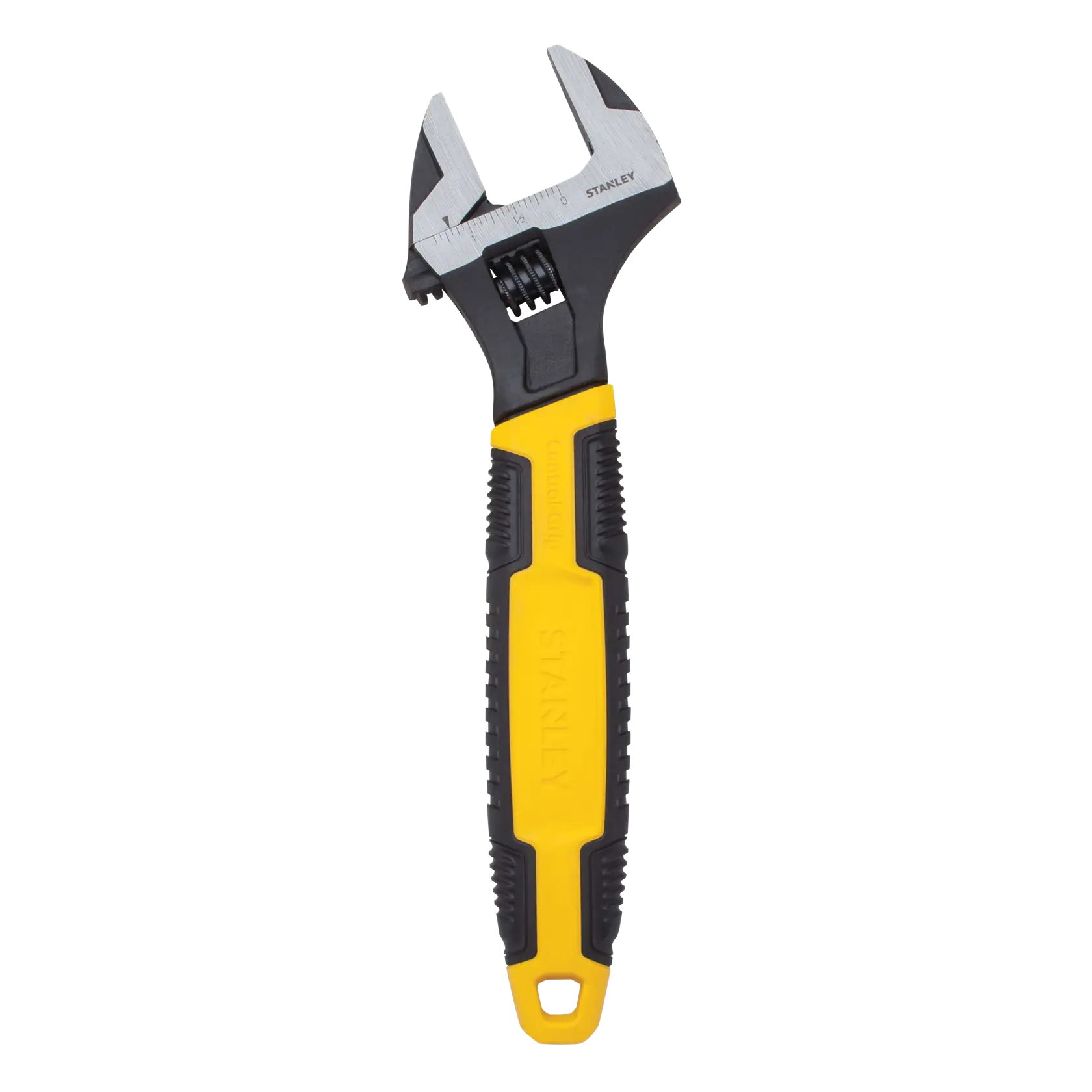 Front angle of STANLEY adjustable wrench with yellow and black grip handle on white background