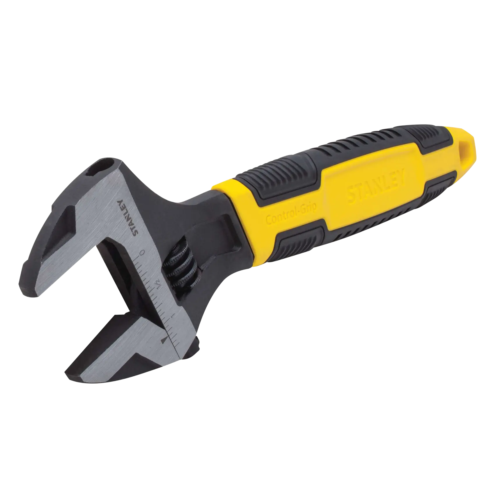 Stanley adjustable wrench with black and yellow Control-Grip handle, angled on white background.