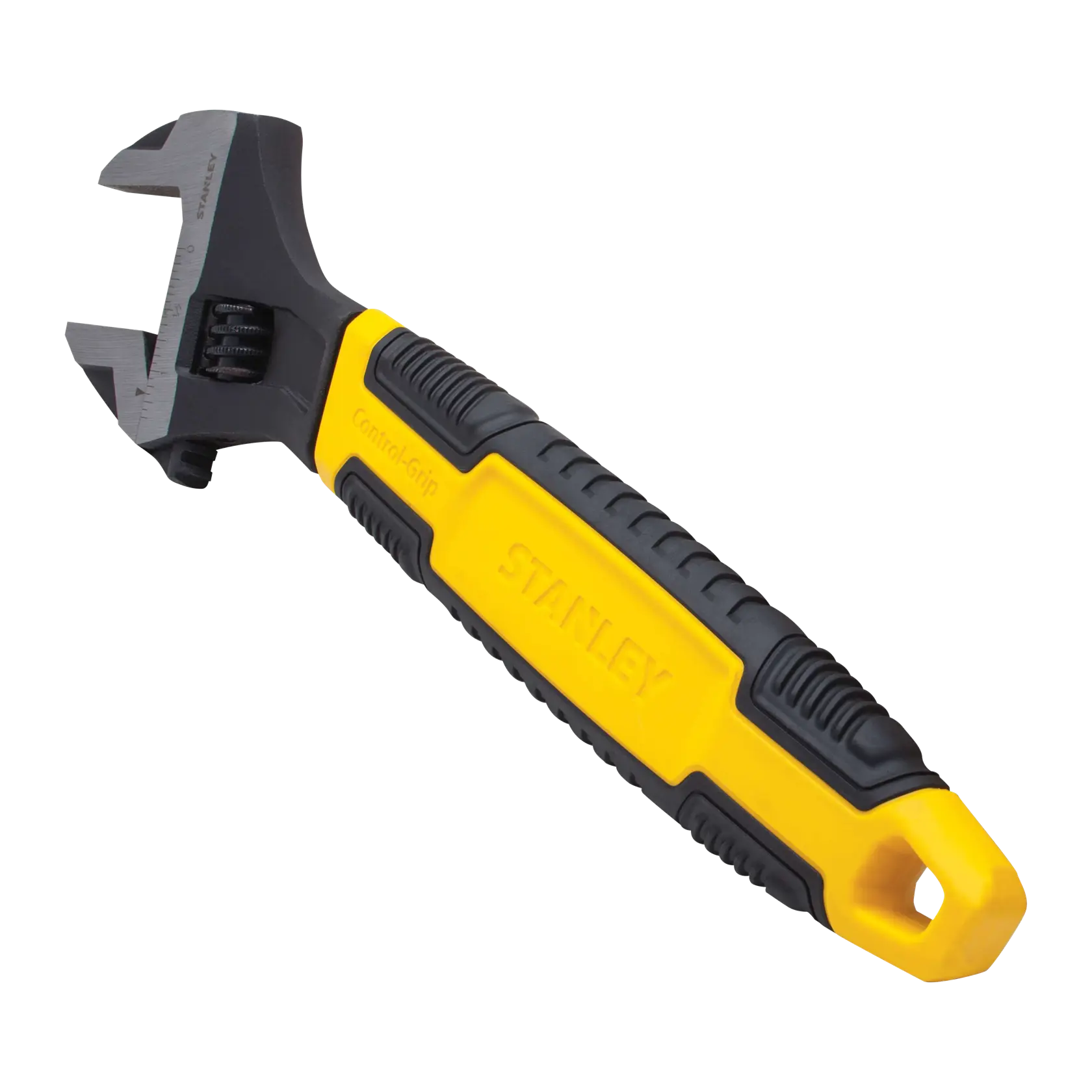 Stanley adjustable wrench with yellow and black Control-Grip handle, angled on white background