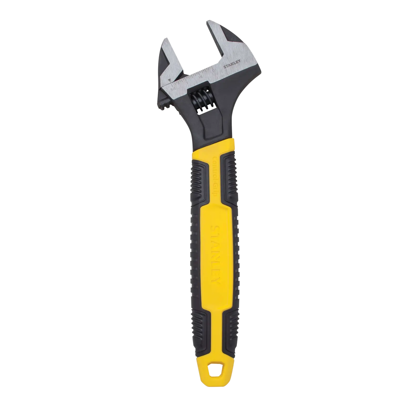 Stanley adjustable wrench front view with yellow and black ergonomic handle on white background