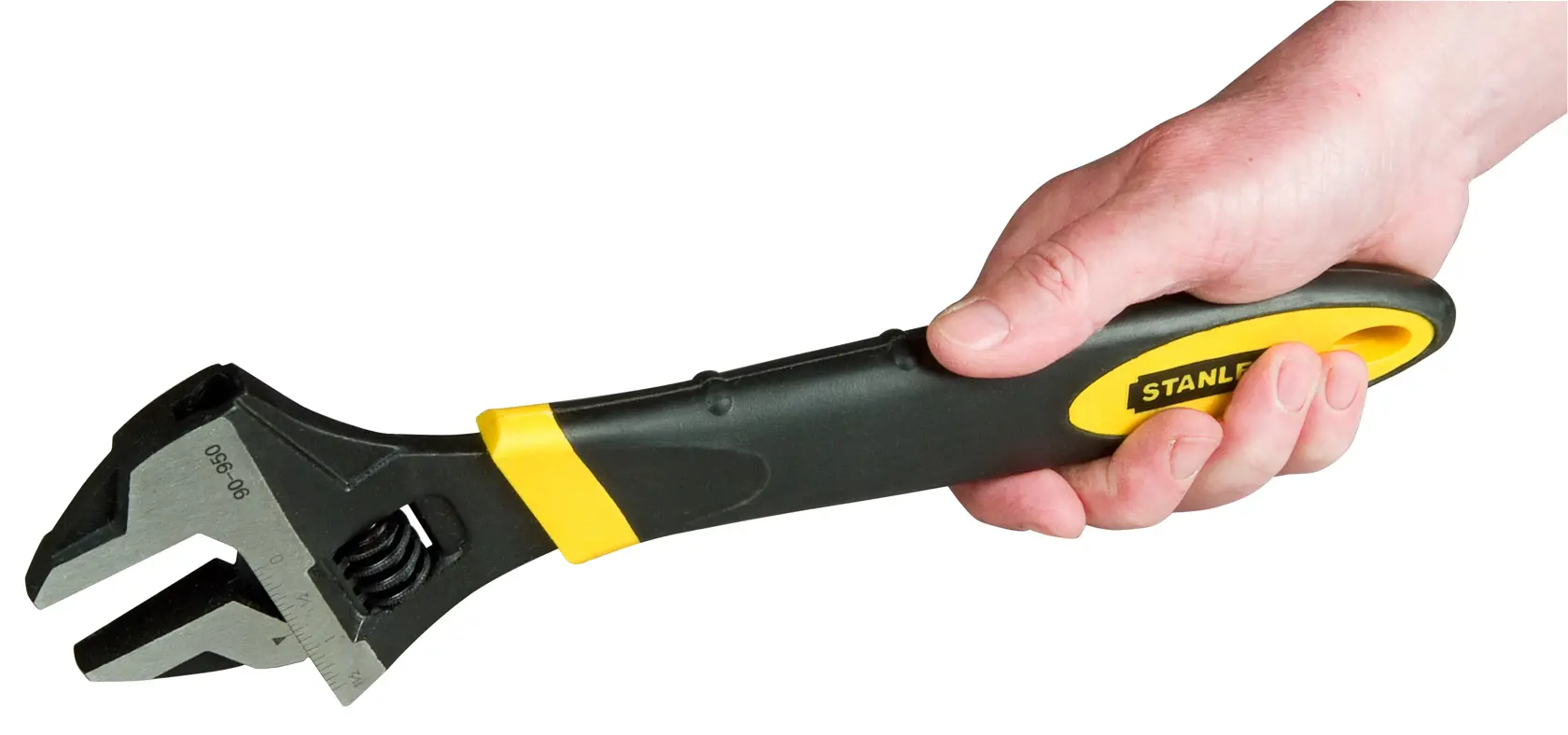 Photo of STANLEY 90-950 adjustable wrench with black and yellow handle, held in hand, side angle.
