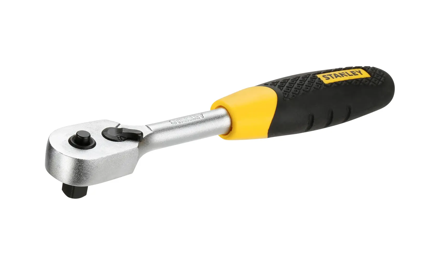 Stanley ratchet wrench with a black and yellow handle, ideal for tightening or loosening bolts and nuts.
