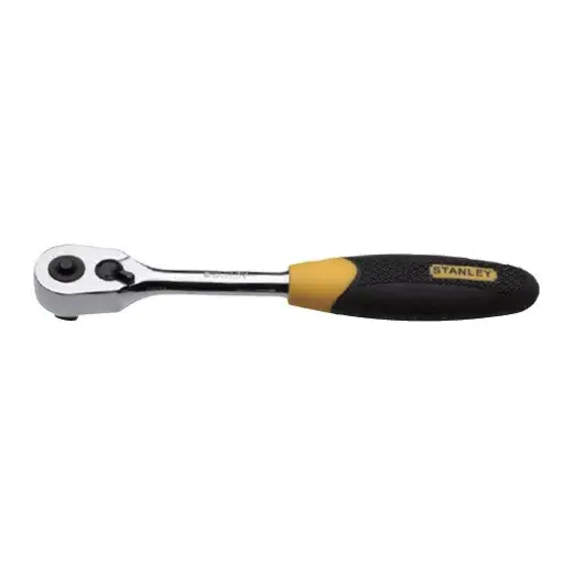 STANLEY 95-895 ratchet wrench with black and yellow handle, side angle, on white background.