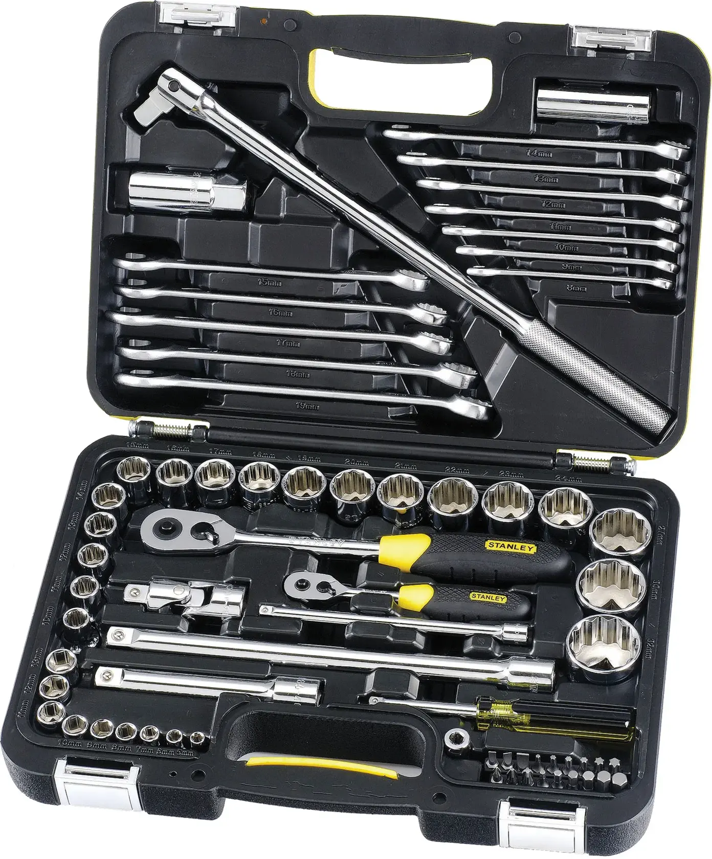 STANLEY 95-938 mechanics tool set with sockets, wrenches, ratchets, and accessories in black hard case, top-down view.