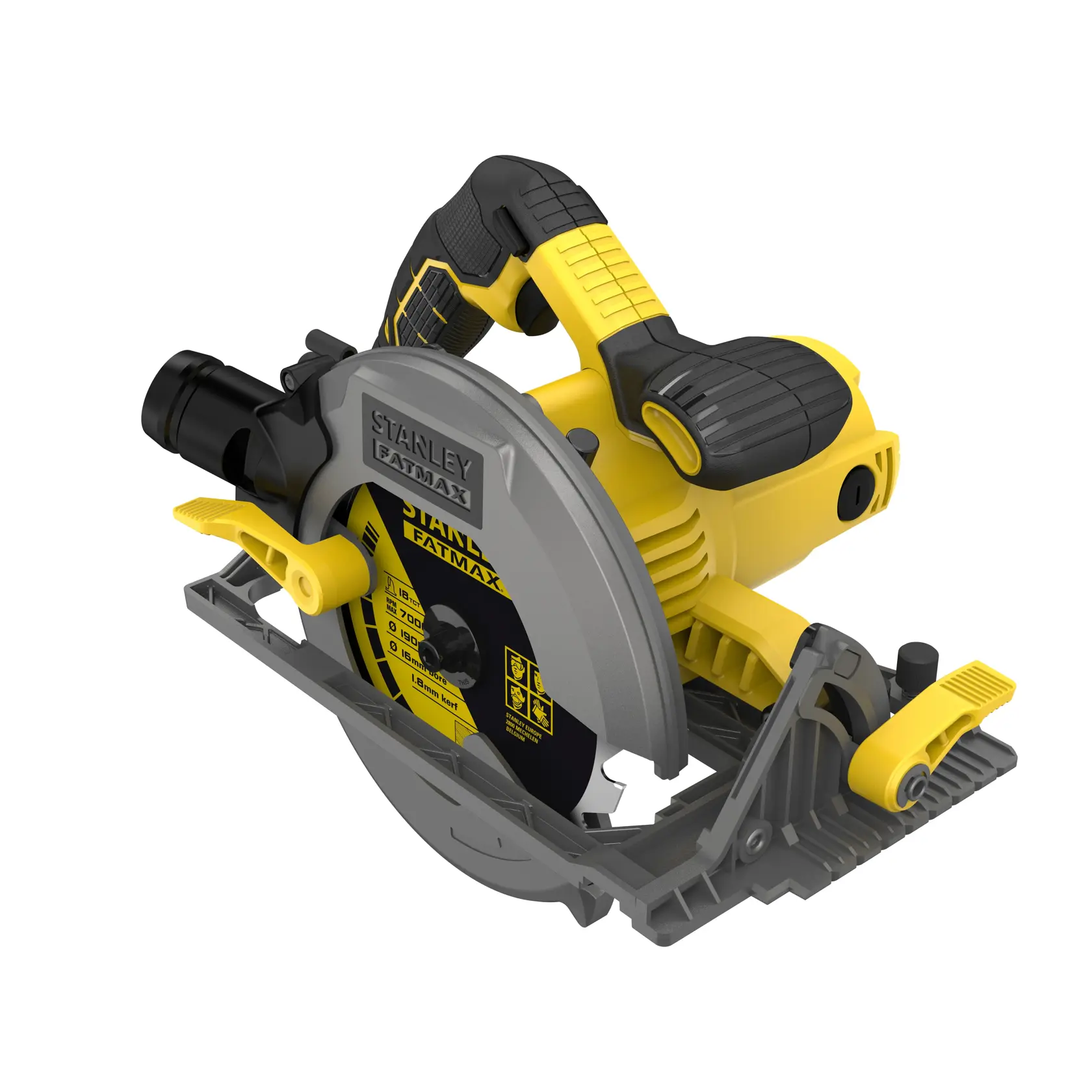 STANLEY FME301 circular saw, yellow and black, side angle on white background, ergonomic handle and blade guard visible.