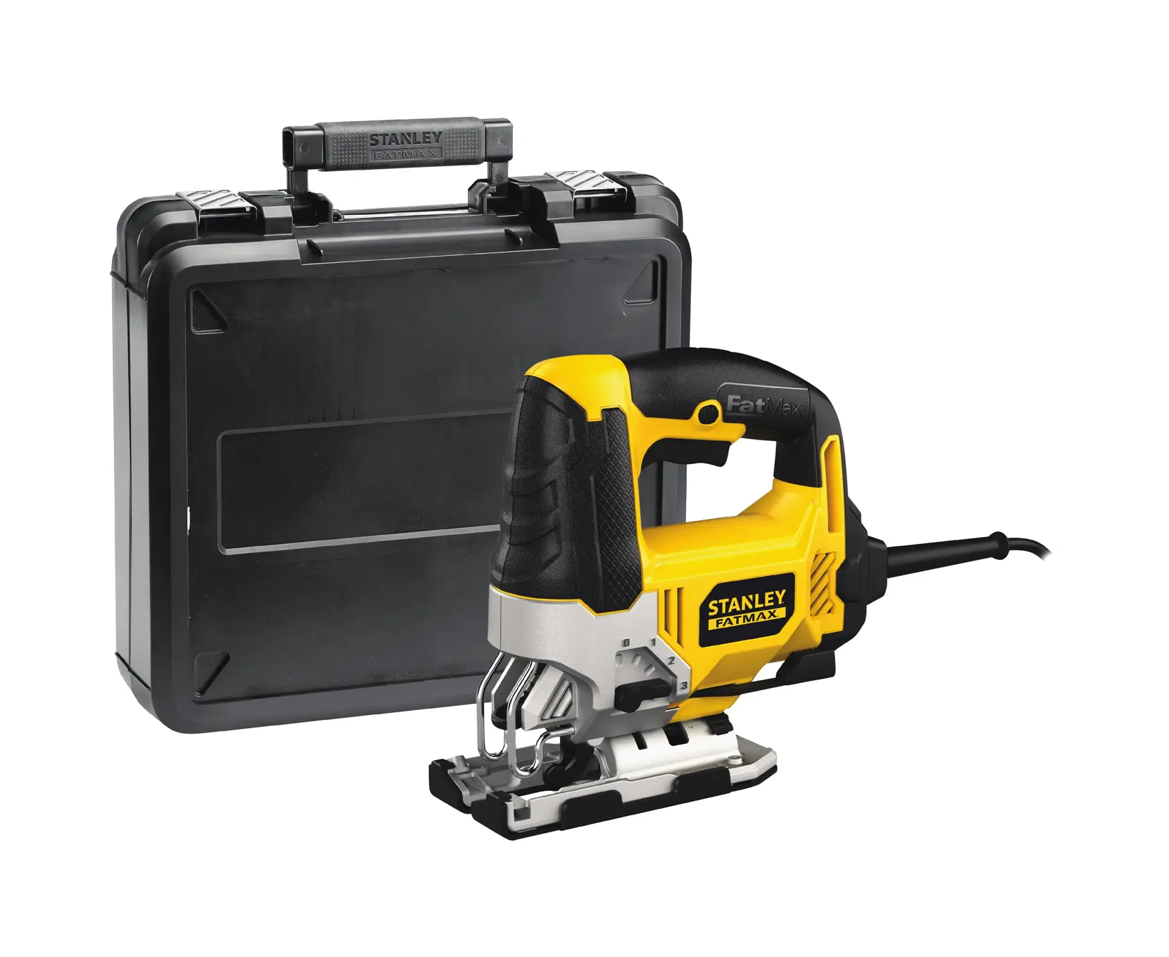 STANLEY FME340K jigsaw with black carry case, side angle on white background.
